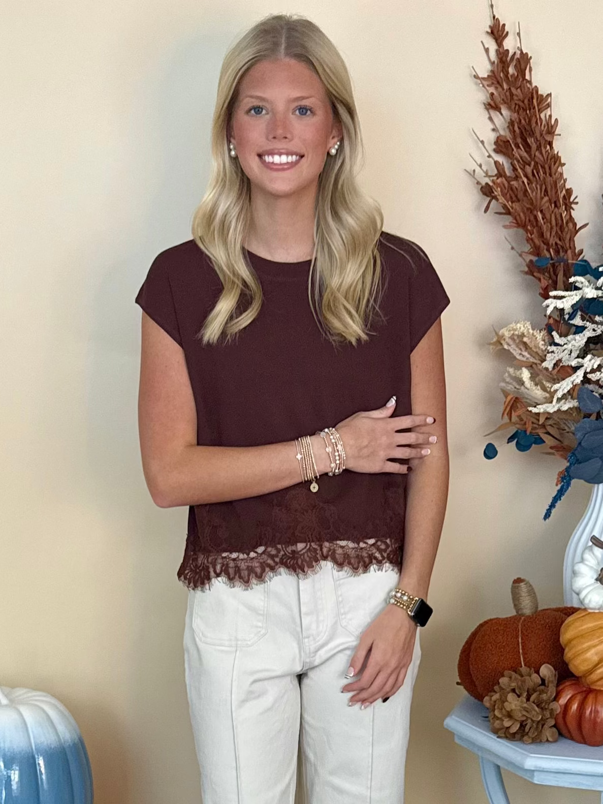 Boho Bliss Brown Lace Trim Sleeveless Sweater-Shop-Womens-Boutique-Clothing