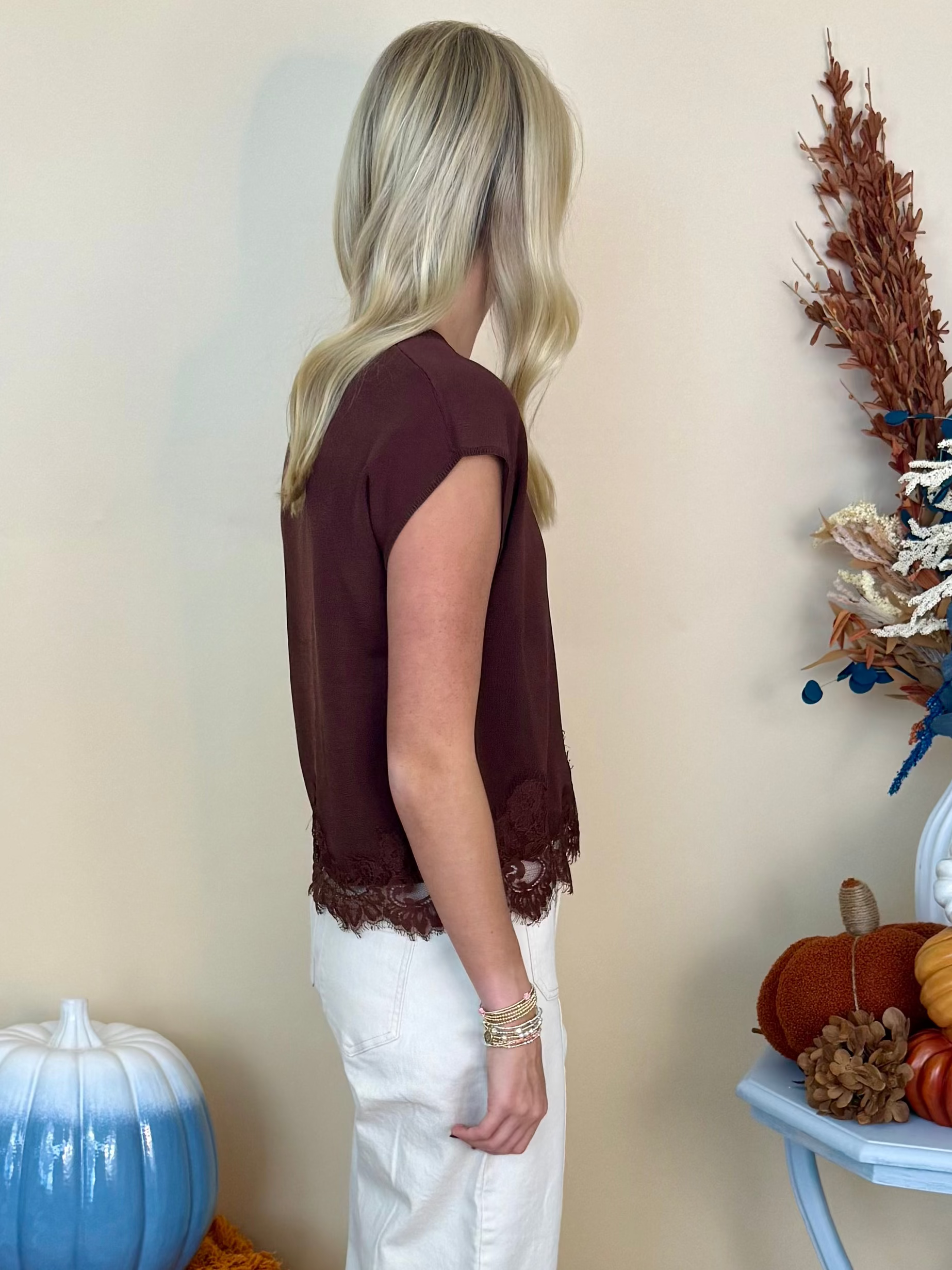 Boho Bliss Brown Lace Trim Sleeveless Sweater-Shop-Womens-Boutique-Clothing