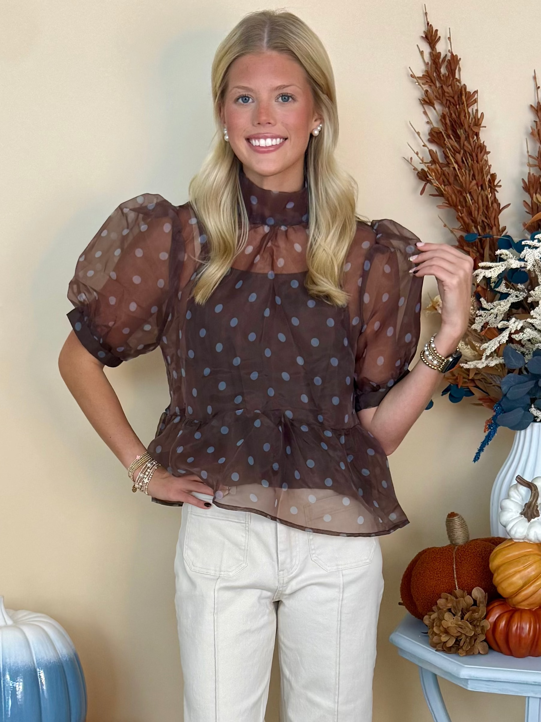 Worth Knowing Brown Polka Dot Overlay Tie Neck Top-Shop-Womens-Boutique-Clothing