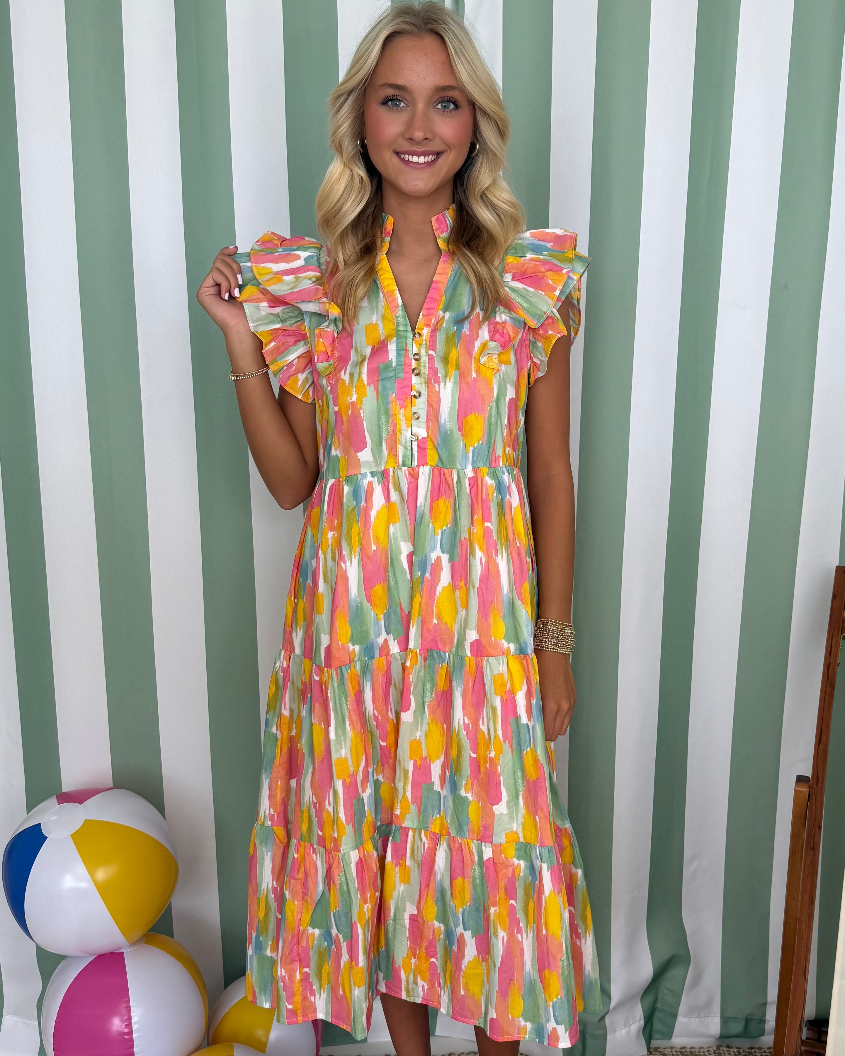 Tailor Made Coral/Yellow Ruffle Dress-Shop-Womens-Boutique-Clothing
