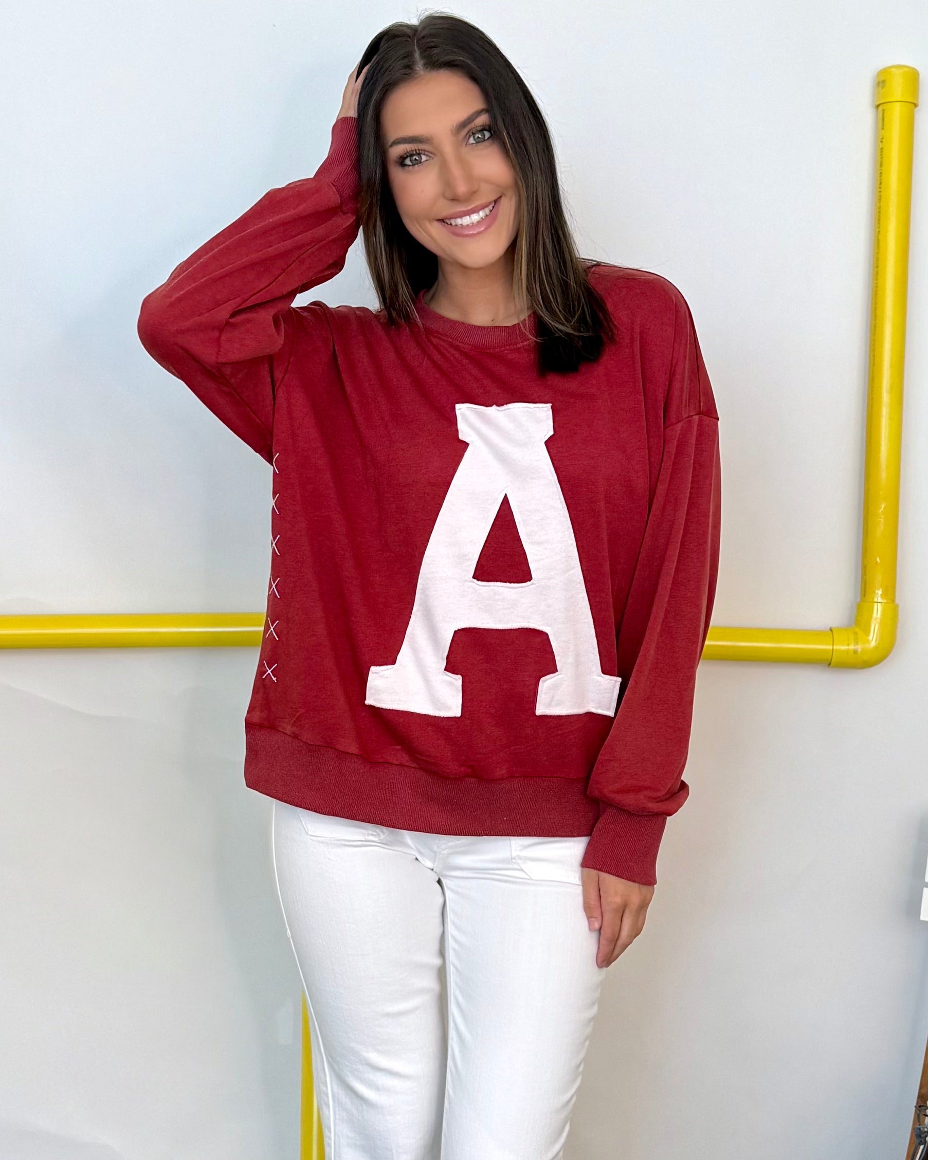 Softly Said Washed Crimson "A" Sweatshirt-Shop-Womens-Boutique-Clothing