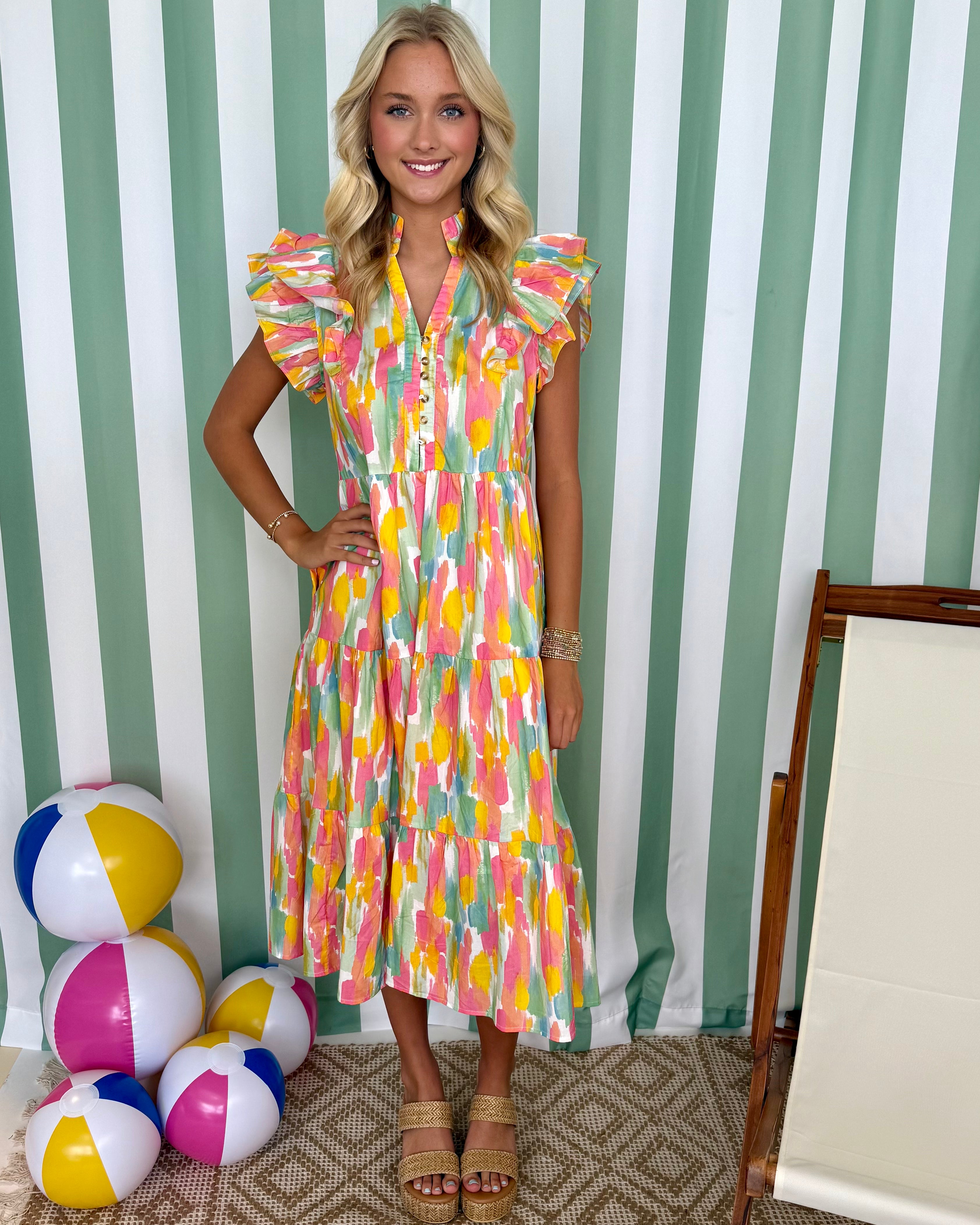 Tailor Made Coral/Yellow Ruffle Dress-Shop-Womens-Boutique-Clothing