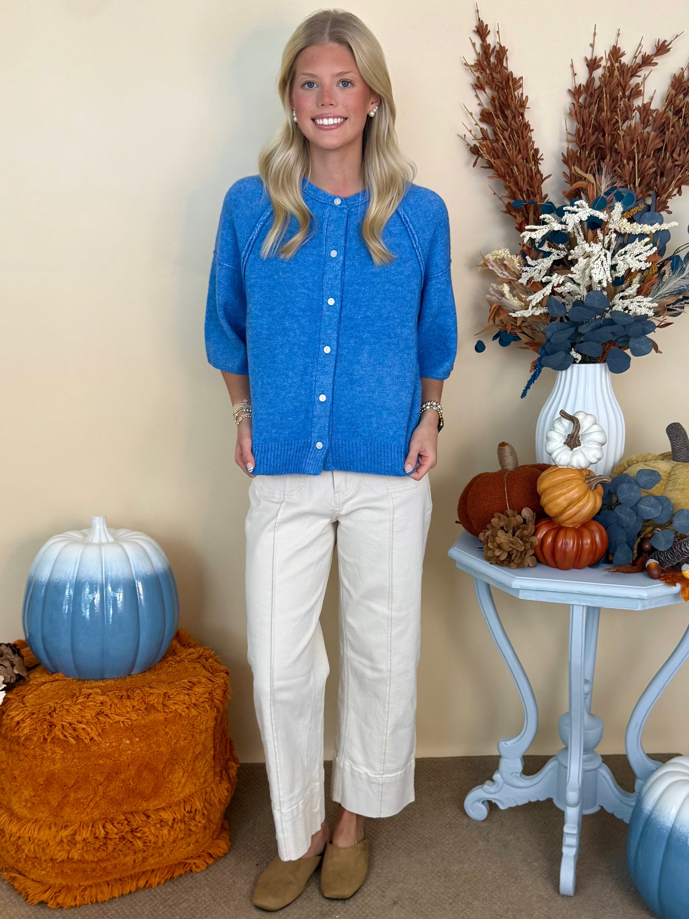 Gathered Greatness Blue Button Down Sweater-Shop-Womens-Boutique-Clothing