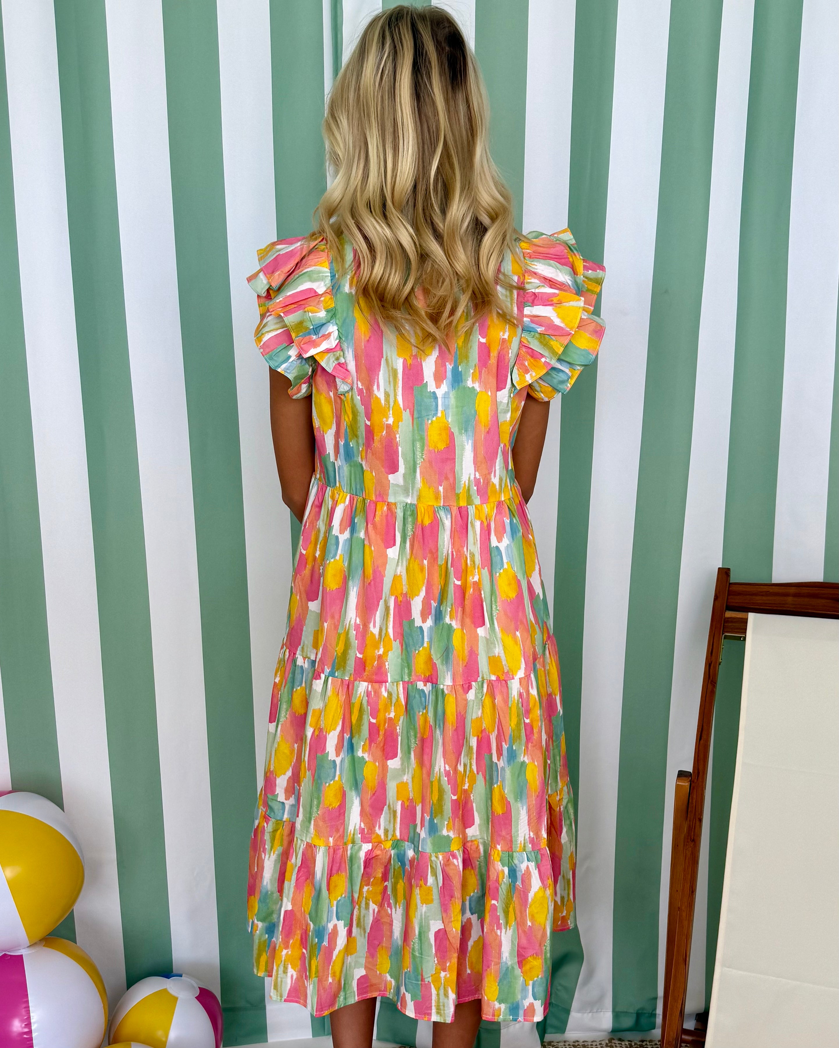 Tailor Made Coral/Yellow Ruffle Dress-Shop-Womens-Boutique-Clothing