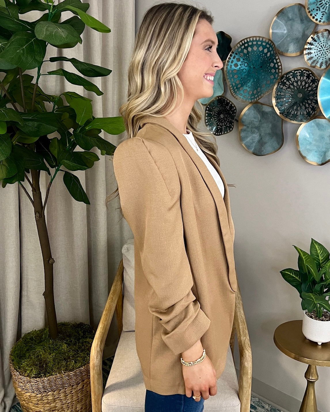 Front Row Khaki Scrunched Sleeve Blazer-Shop-Womens-Boutique-Clothing