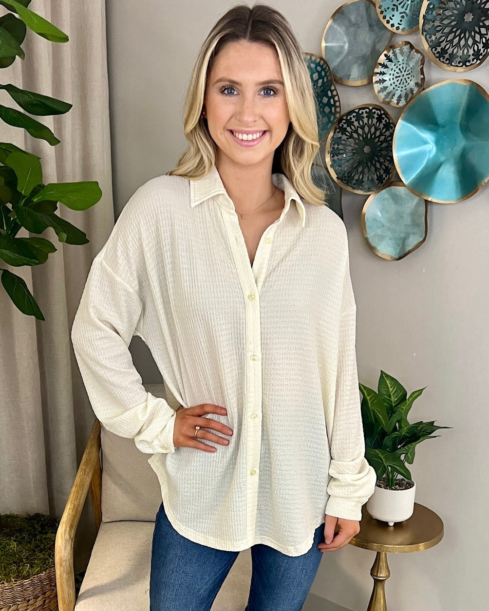 She's Unforgettable Ivory Textured Button Down Top-Shop-Womens-Boutique-Clothing