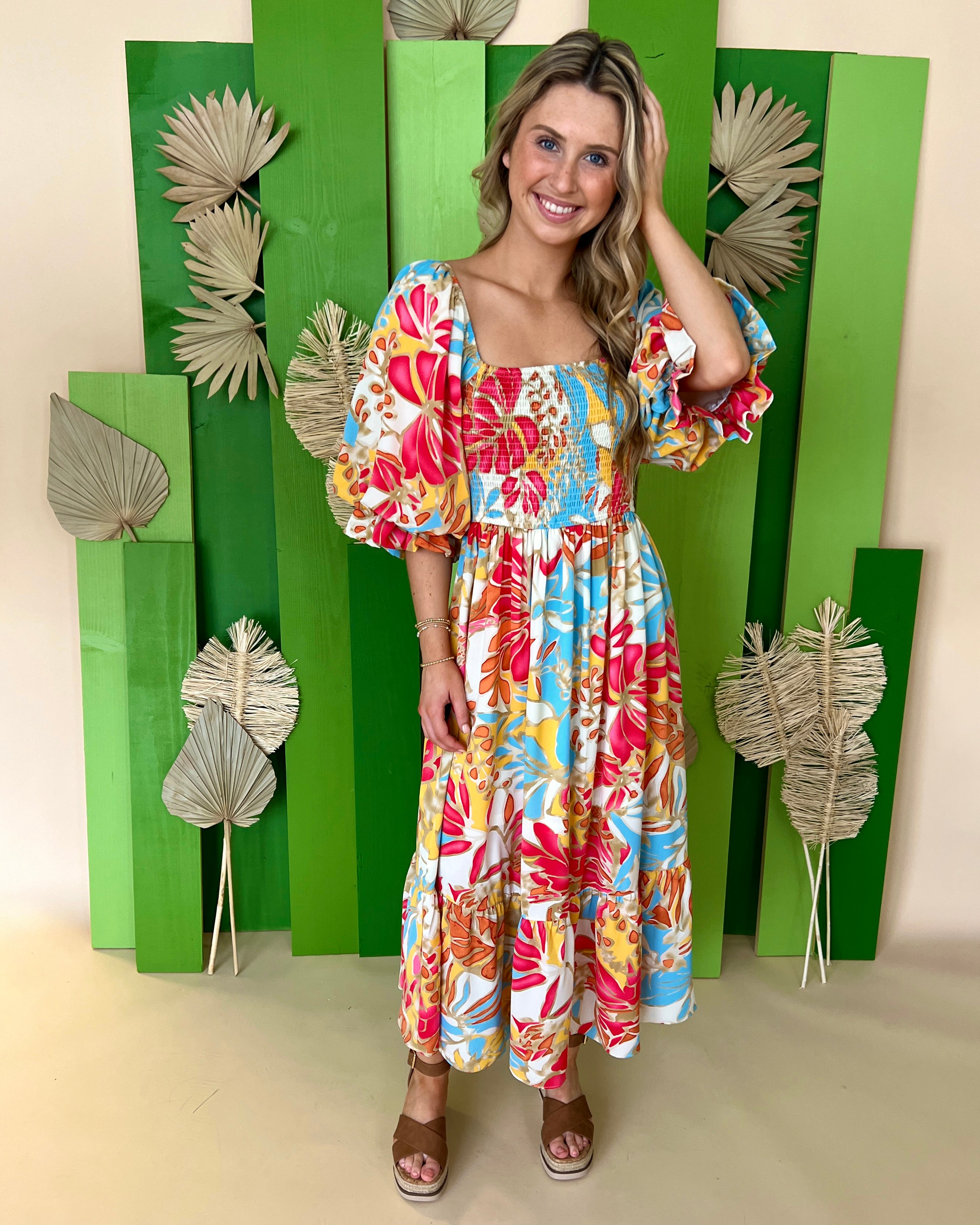 For Me Pink Blue Combo Tropical Midi Dress-Shop-Womens-Boutique-Clothing