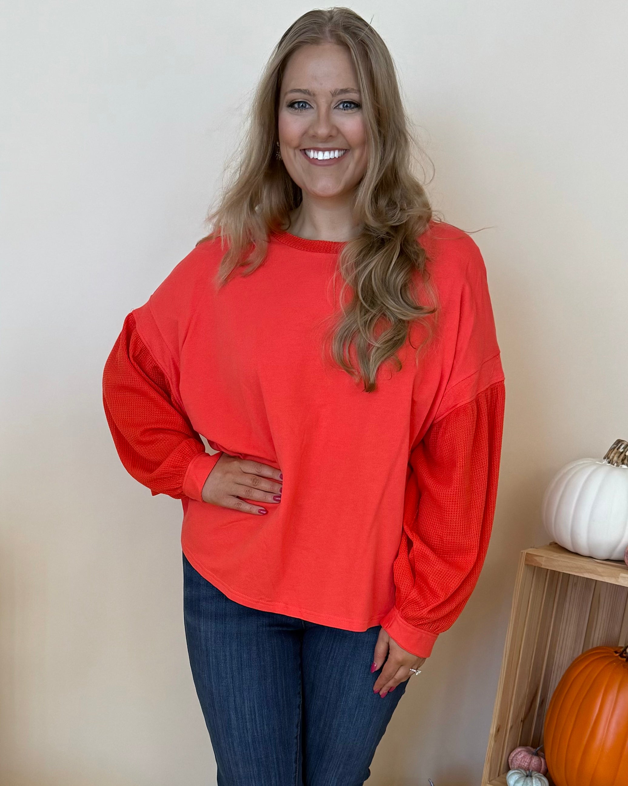 Giving In Orange Red Plus Waffle Knit Top-Shop-Womens-Boutique-Clothing