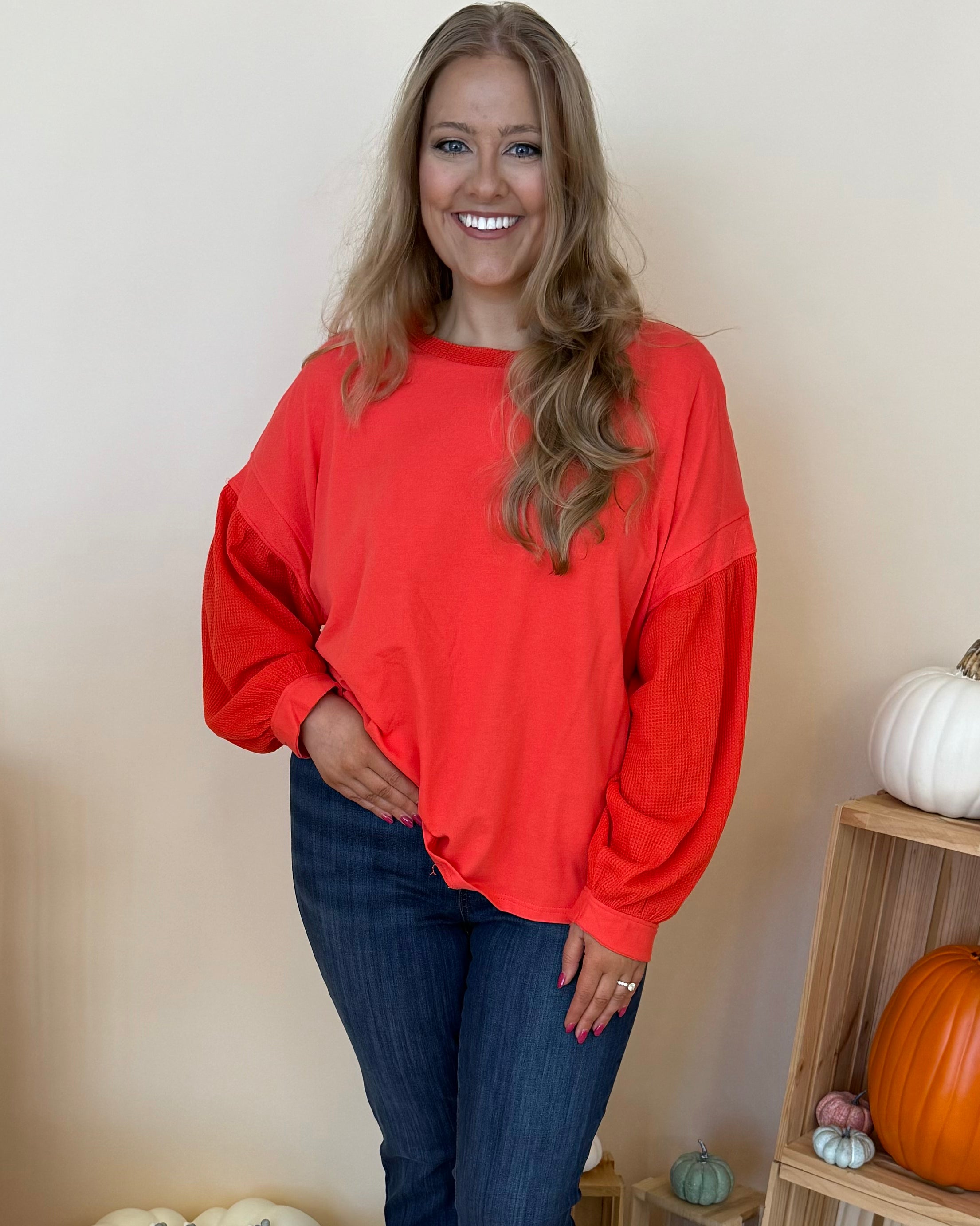 Giving In Orange Red Plus Waffle Knit Top-Shop-Womens-Boutique-Clothing