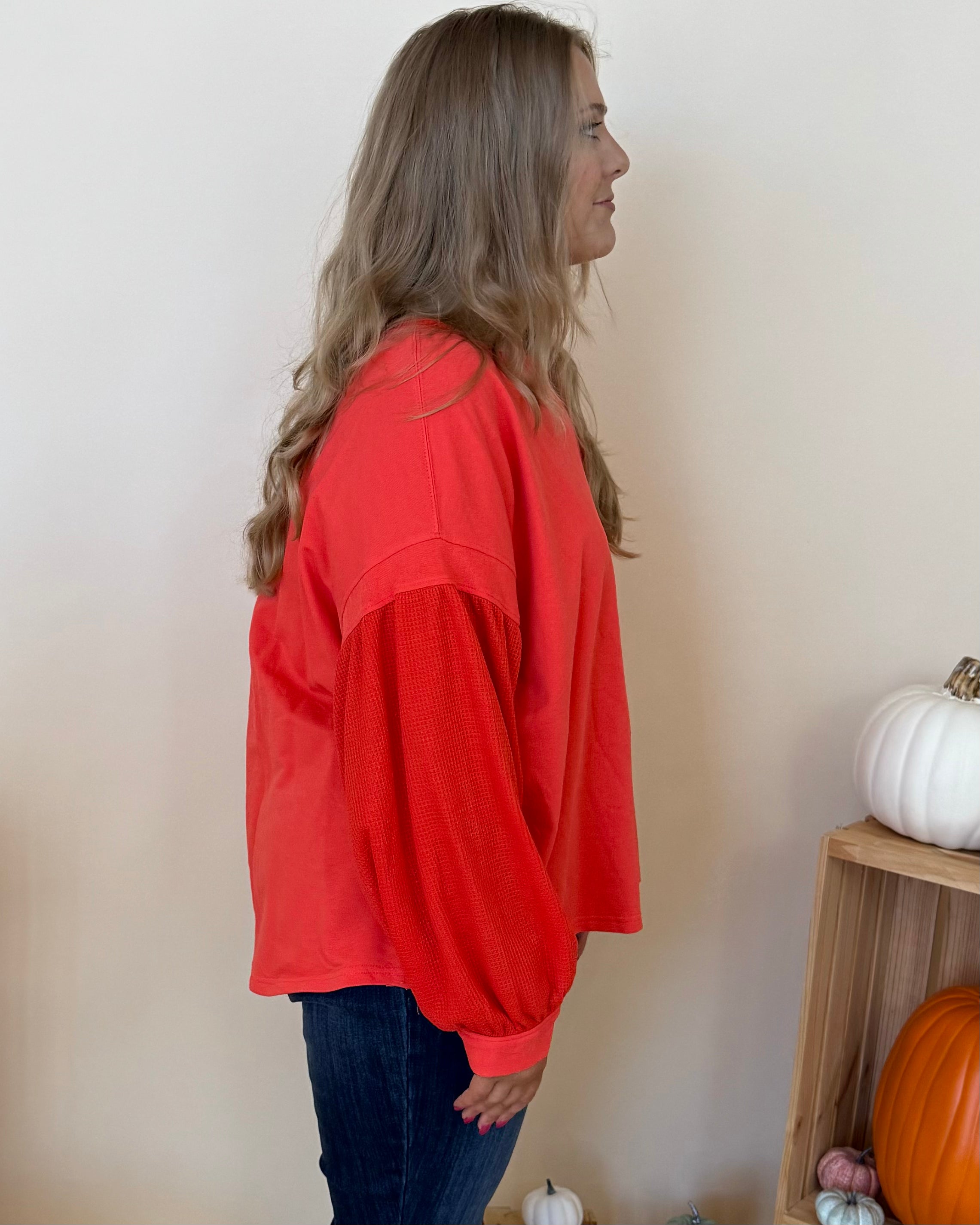 Giving In Orange Red Plus Waffle Knit Top-Shop-Womens-Boutique-Clothing