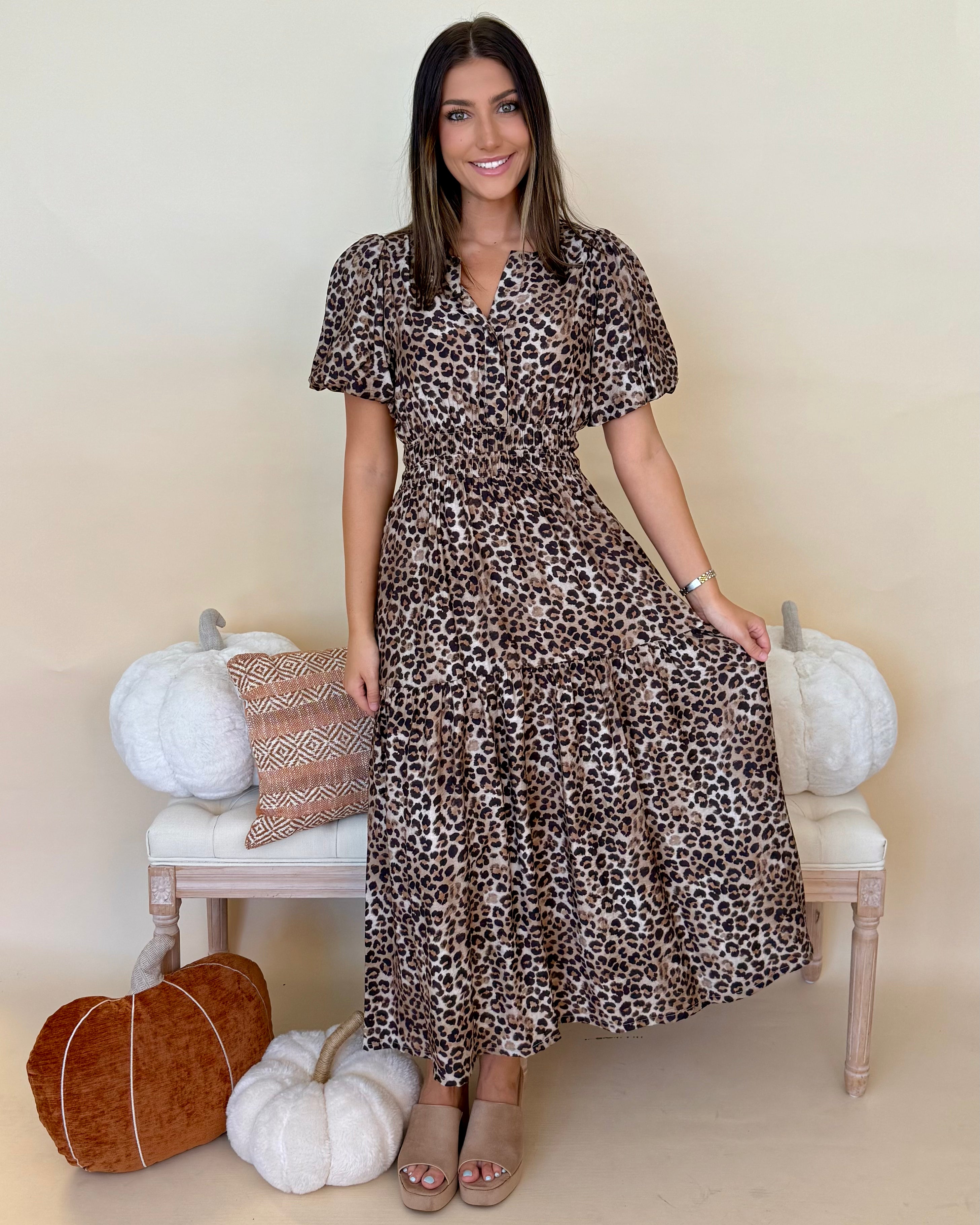 Luminous Days Mocha Leopard Smocked Midi Dress-Shop-Womens-Boutique-Clothing