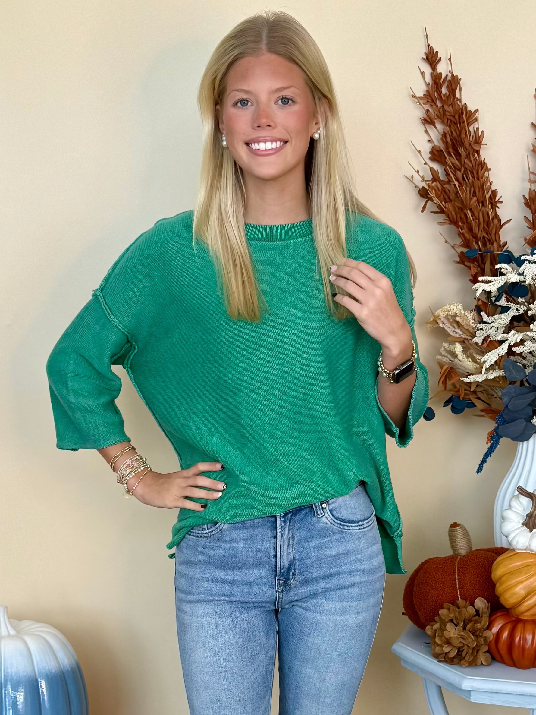 Soft Romance K Green Washed 3/4 Sleeve Sweater-Shop-Womens-Boutique-Clothing