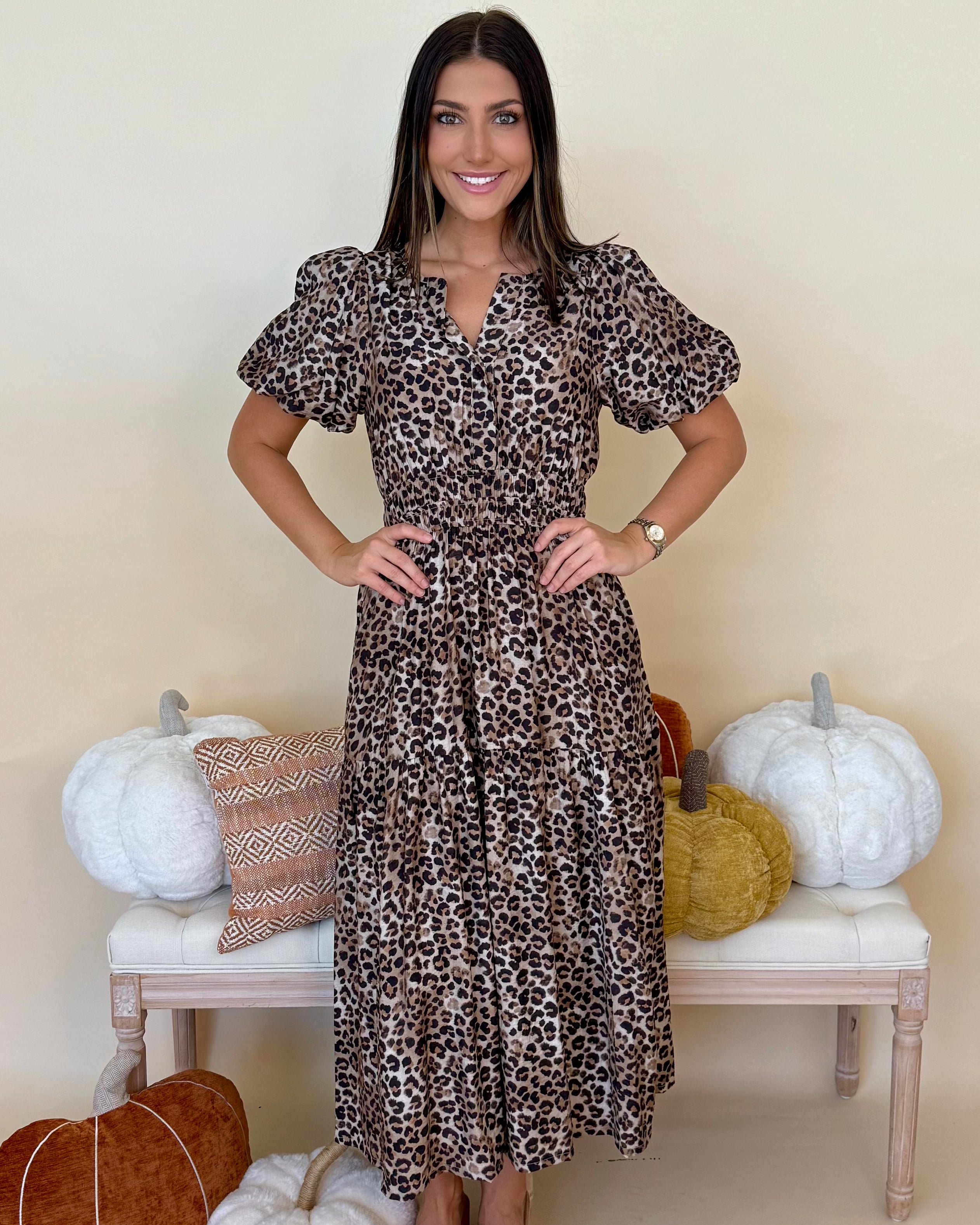 Luminous Days Mocha Leopard Smocked Midi Dress-Shop-Womens-Boutique-Clothing