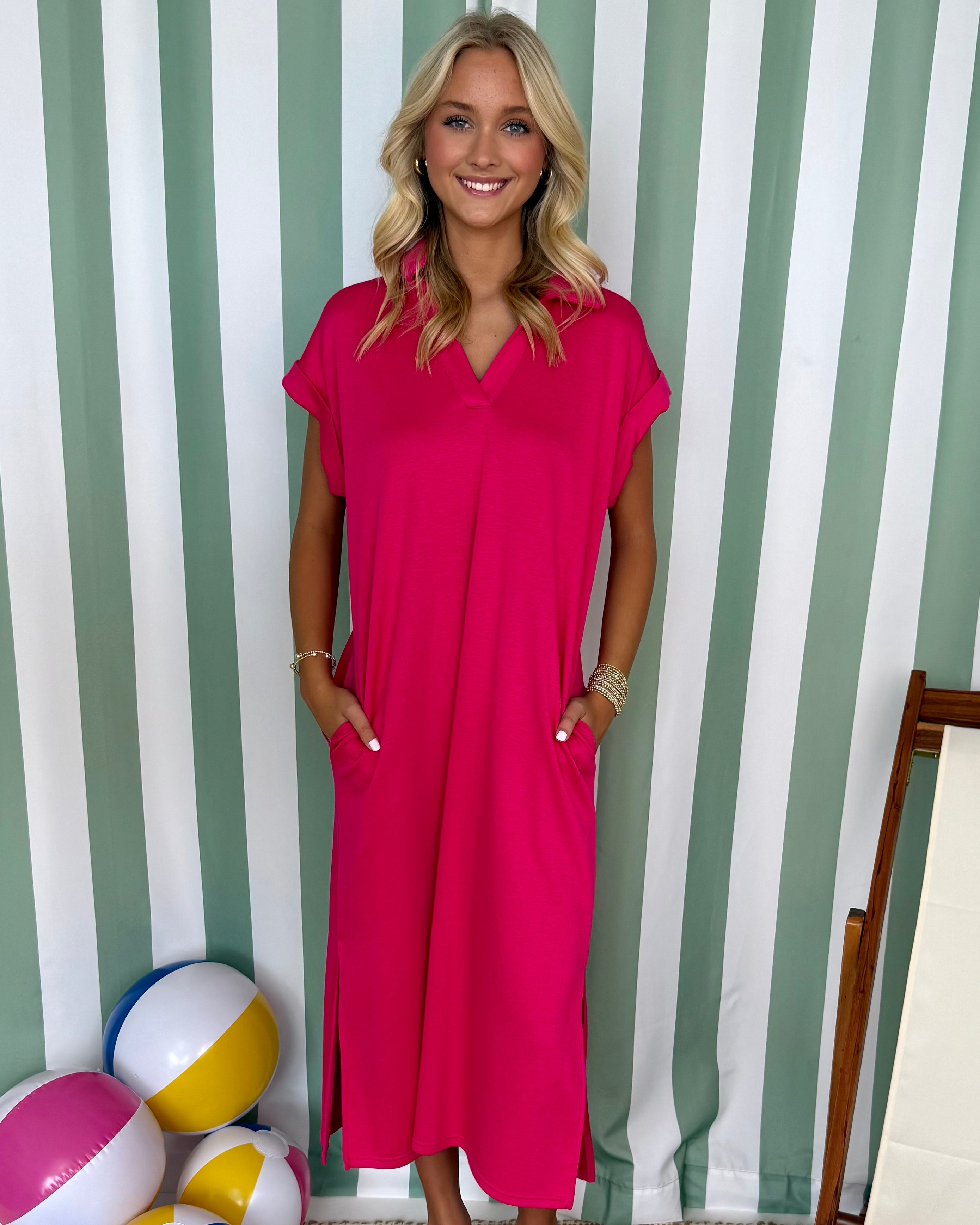 Pretty Please Fuchsia Collared Pocket Midi Dress-Shop-Womens-Boutique-Clothing
