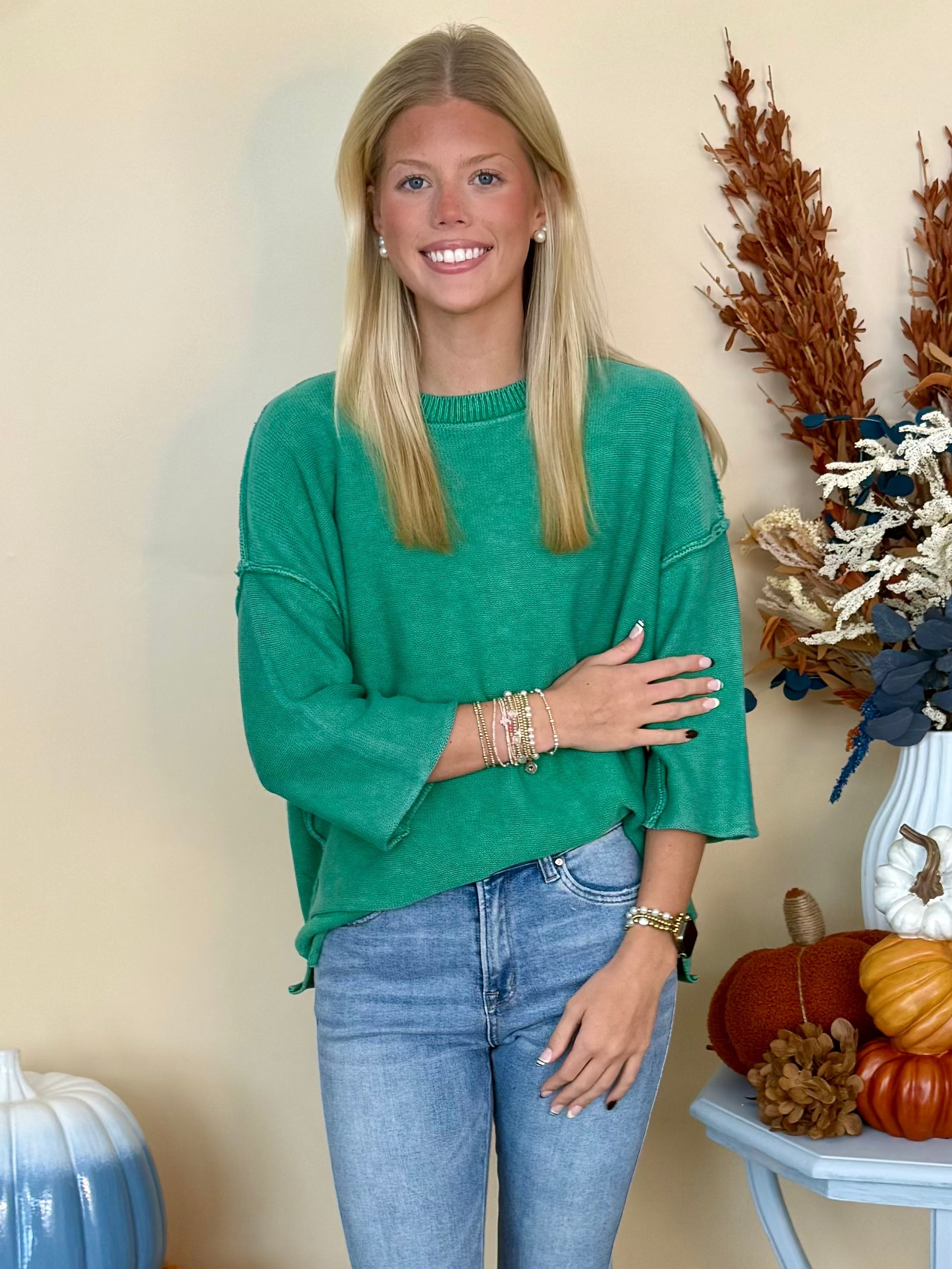 Soft Romance K Green Washed 3/4 Sleeve Sweater-Shop-Womens-Boutique-Clothing