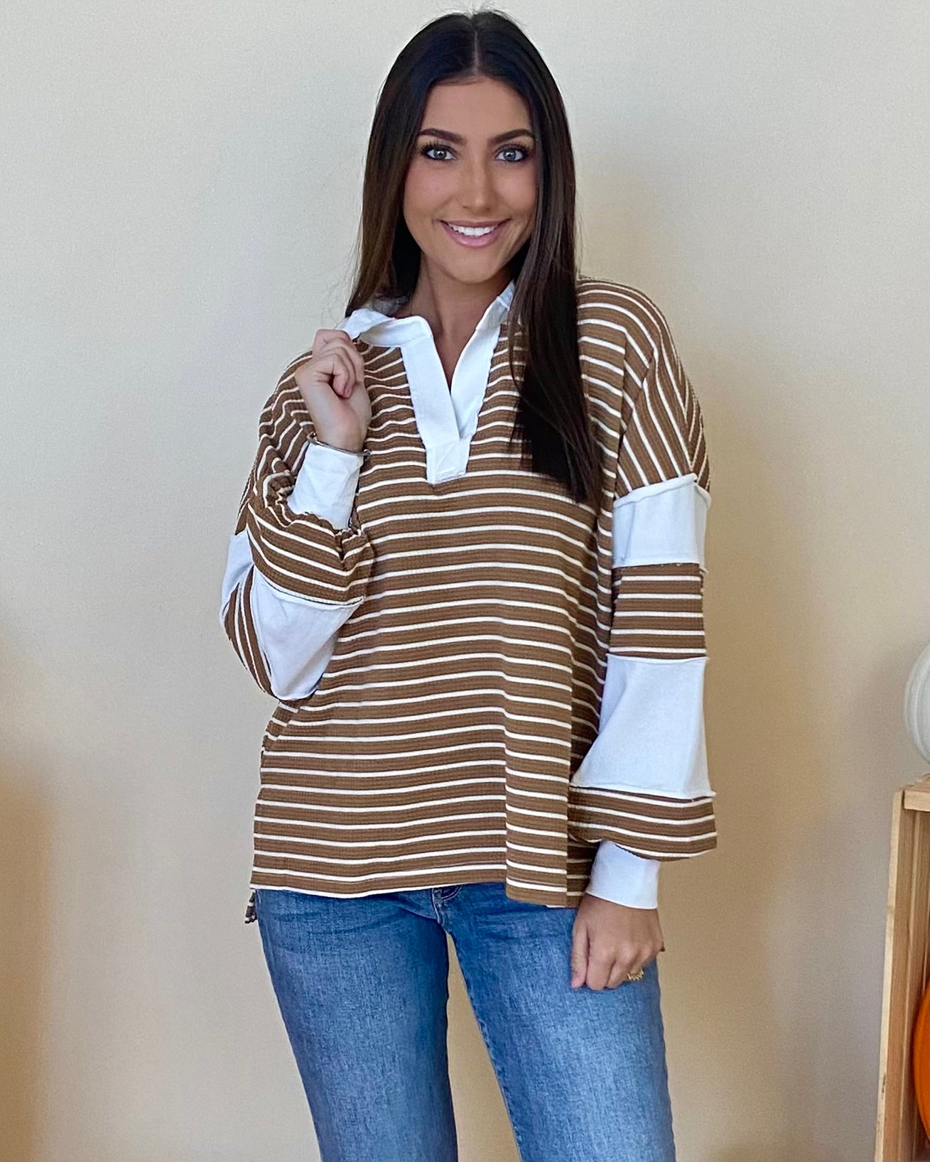 Scouted Out Taupe Striped Top-Shop-Womens-Boutique-Clothing