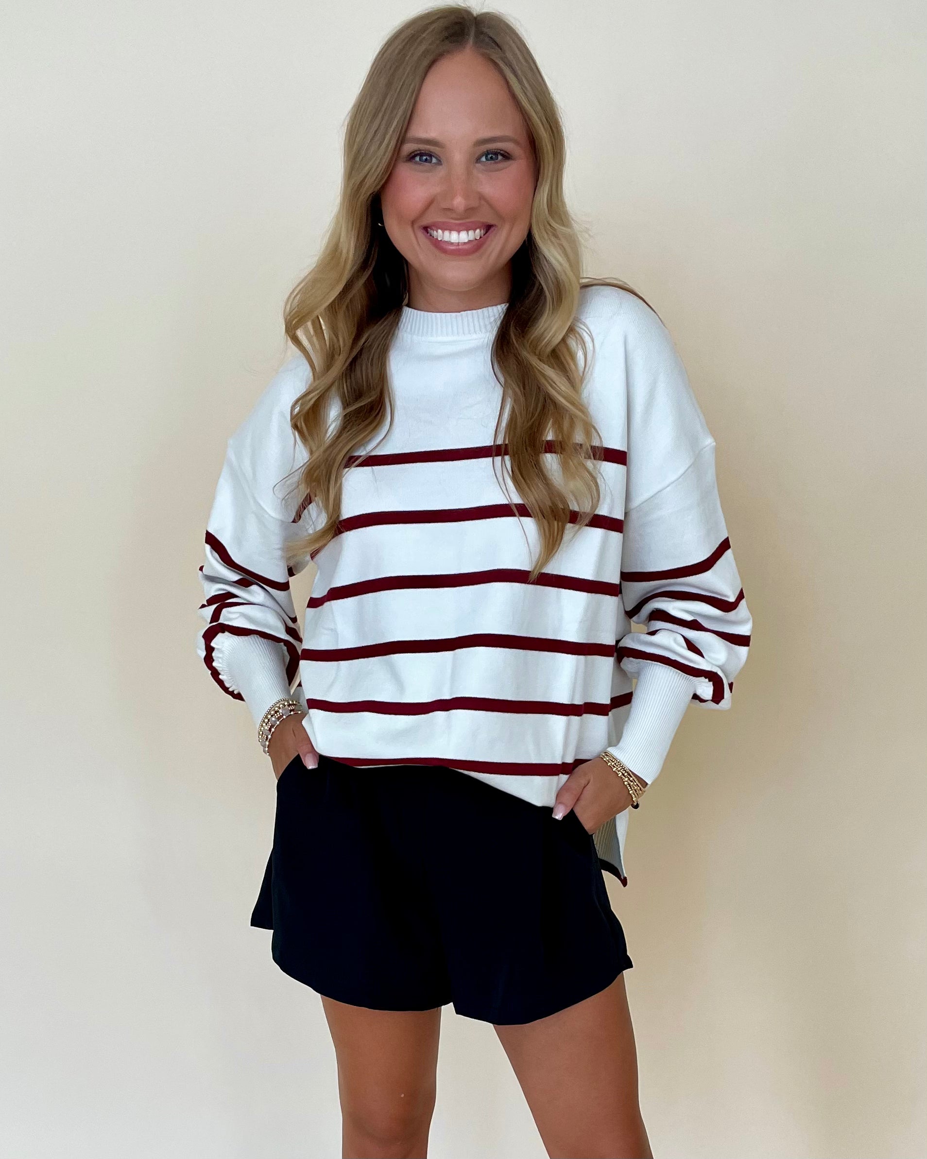 Game Winner Burgundy Striped Sweater-Shop-Womens-Boutique-Clothing