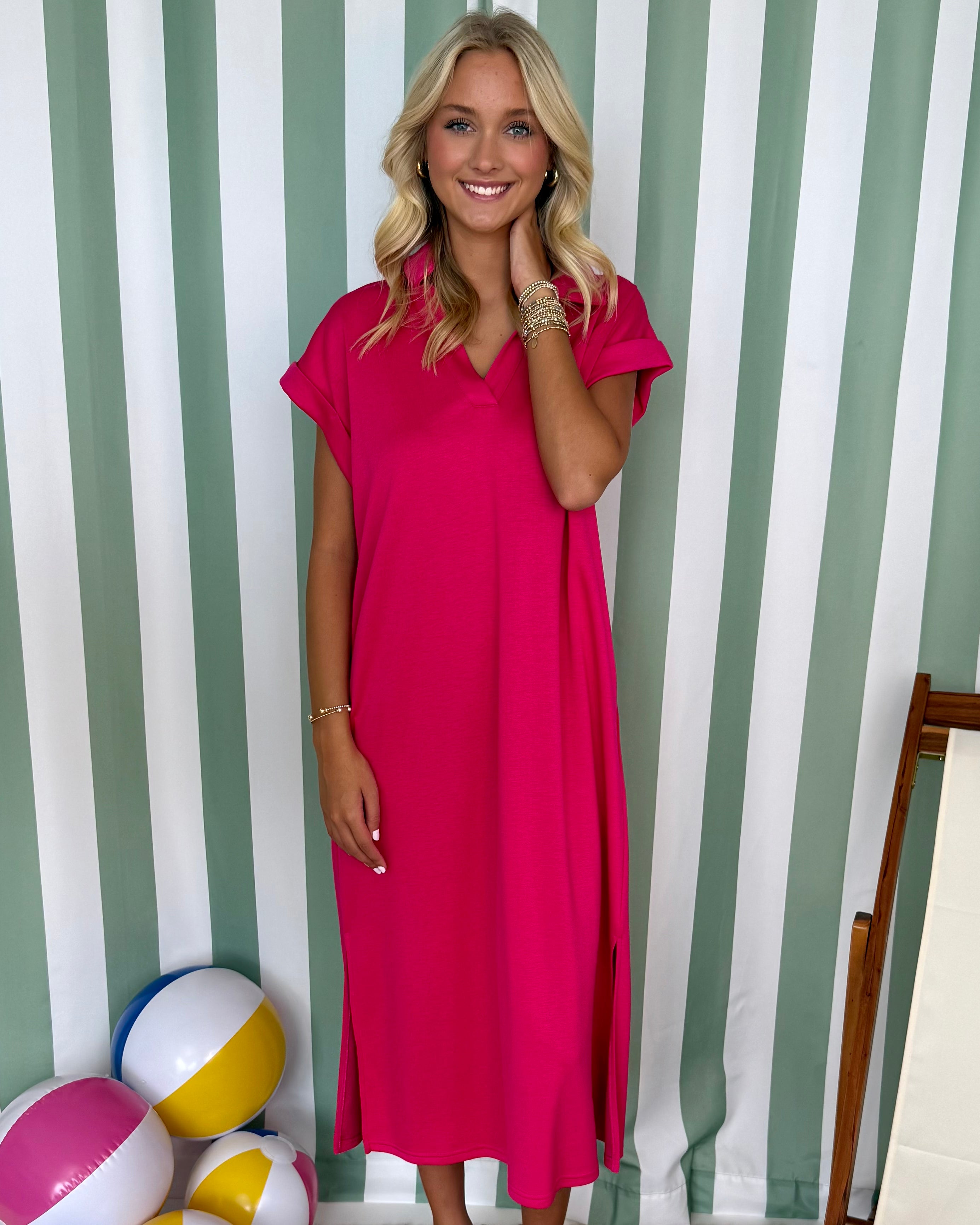 Pretty Please Fuchsia Collared Pocket Midi Dress-Shop-Womens-Boutique-Clothing