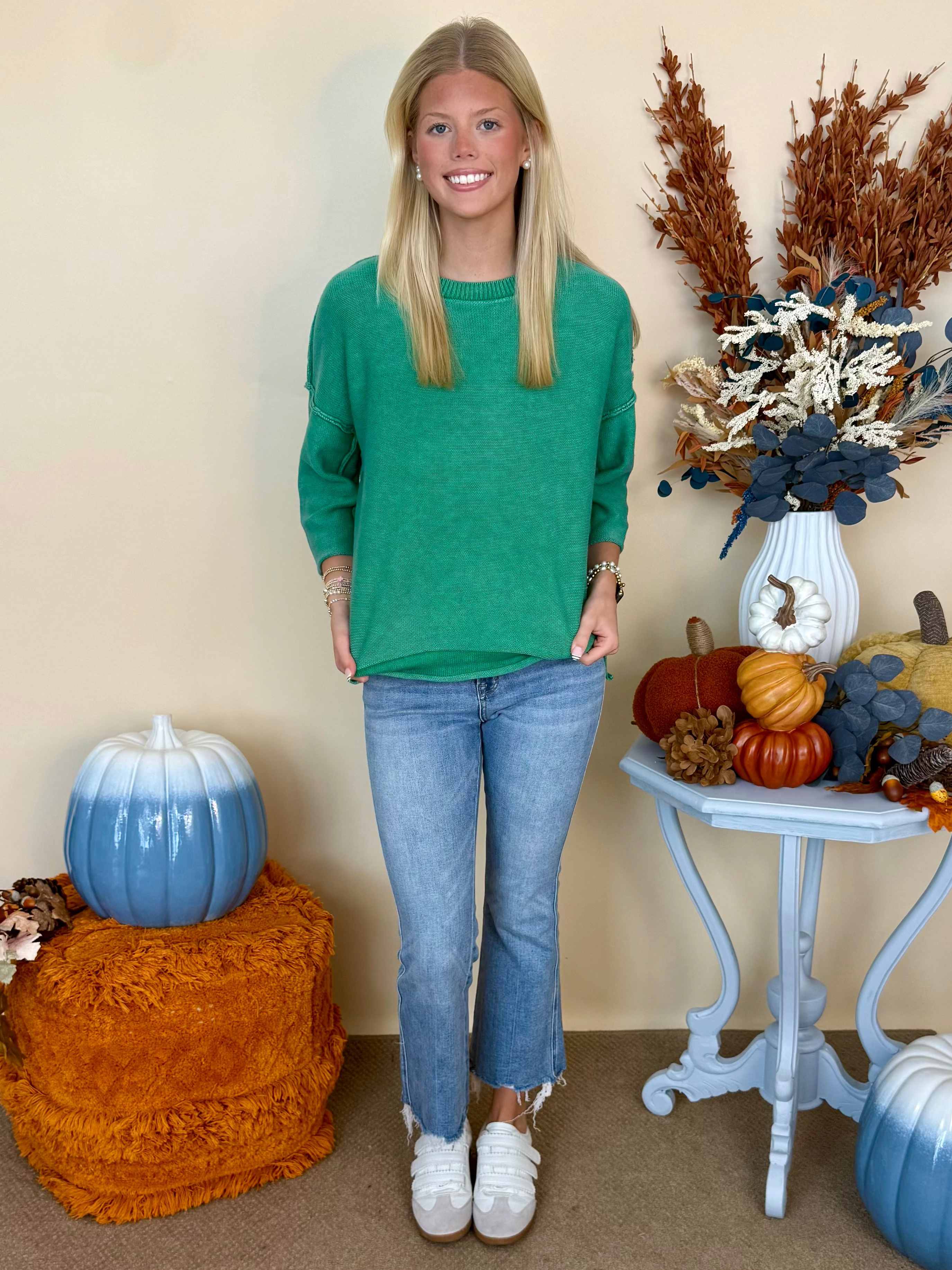 Soft Romance K Green Washed 3/4 Sleeve Sweater-Shop-Womens-Boutique-Clothing