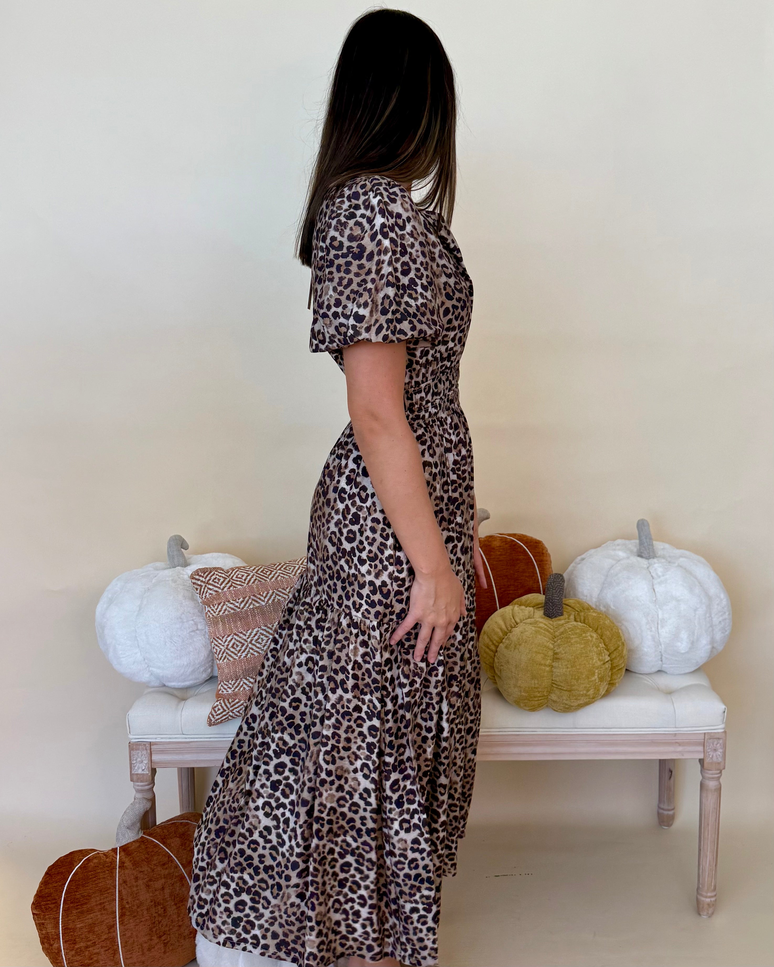 Luminous Days Mocha Leopard Smocked Midi Dress-Shop-Womens-Boutique-Clothing