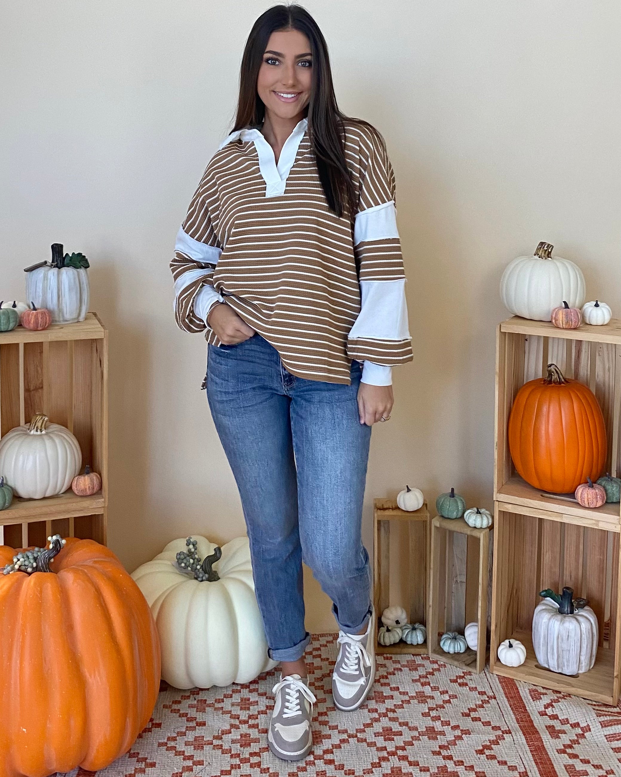 Scouted Out Taupe Striped Top-Shop-Womens-Boutique-Clothing