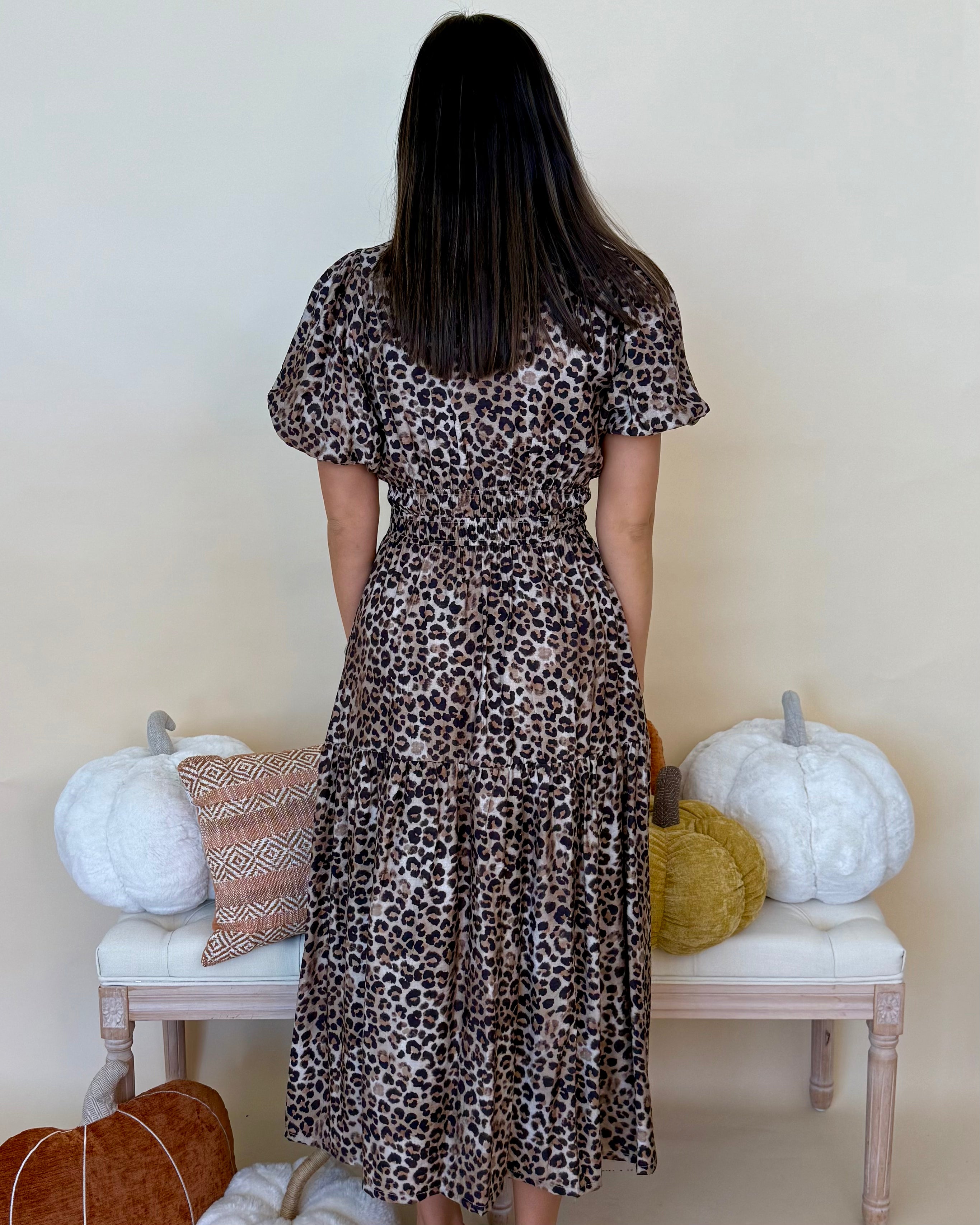 Luminous Days Mocha Leopard Smocked Midi Dress-Shop-Womens-Boutique-Clothing