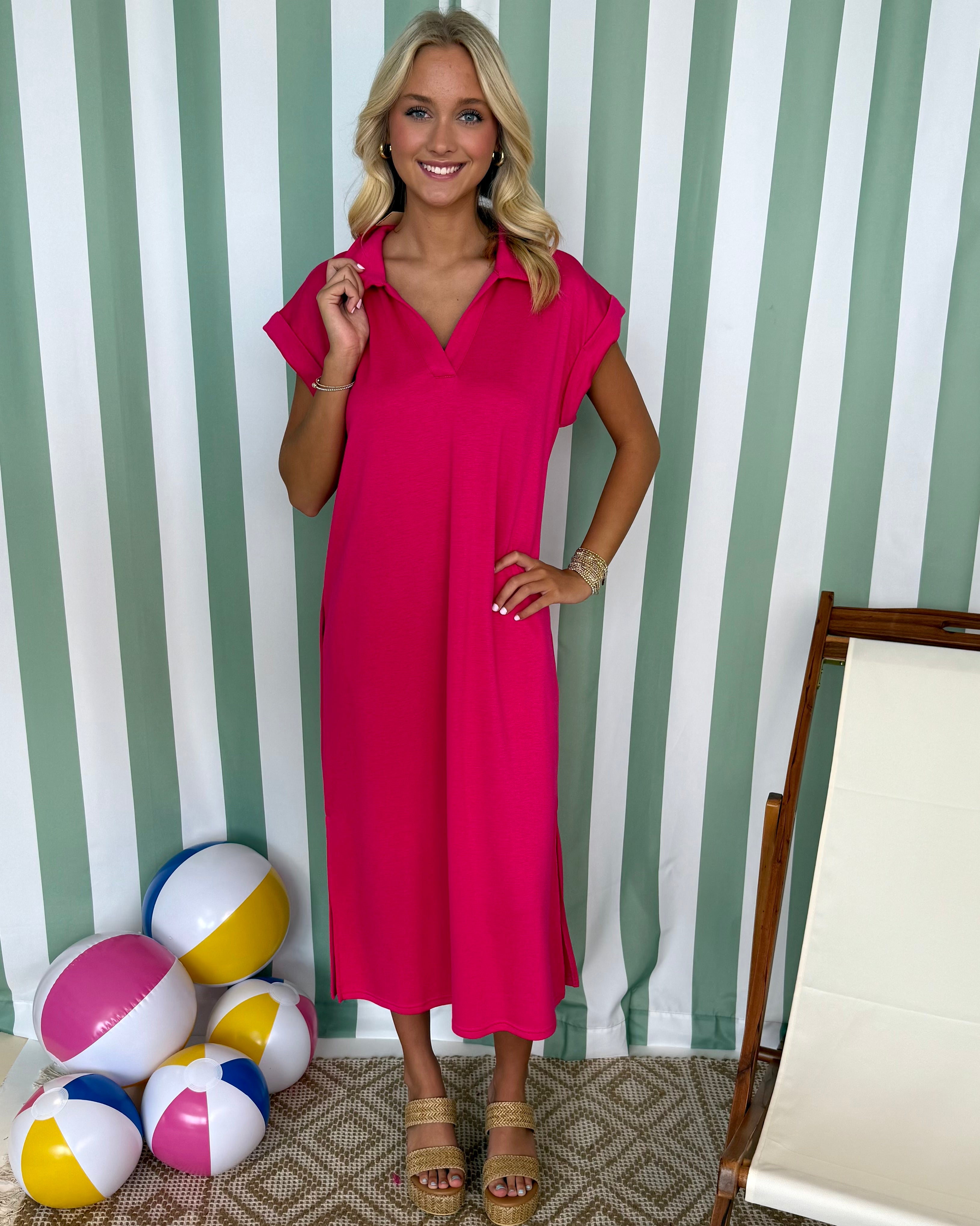Pretty Please Fuchsia Collared Pocket Midi Dress-Shop-Womens-Boutique-Clothing