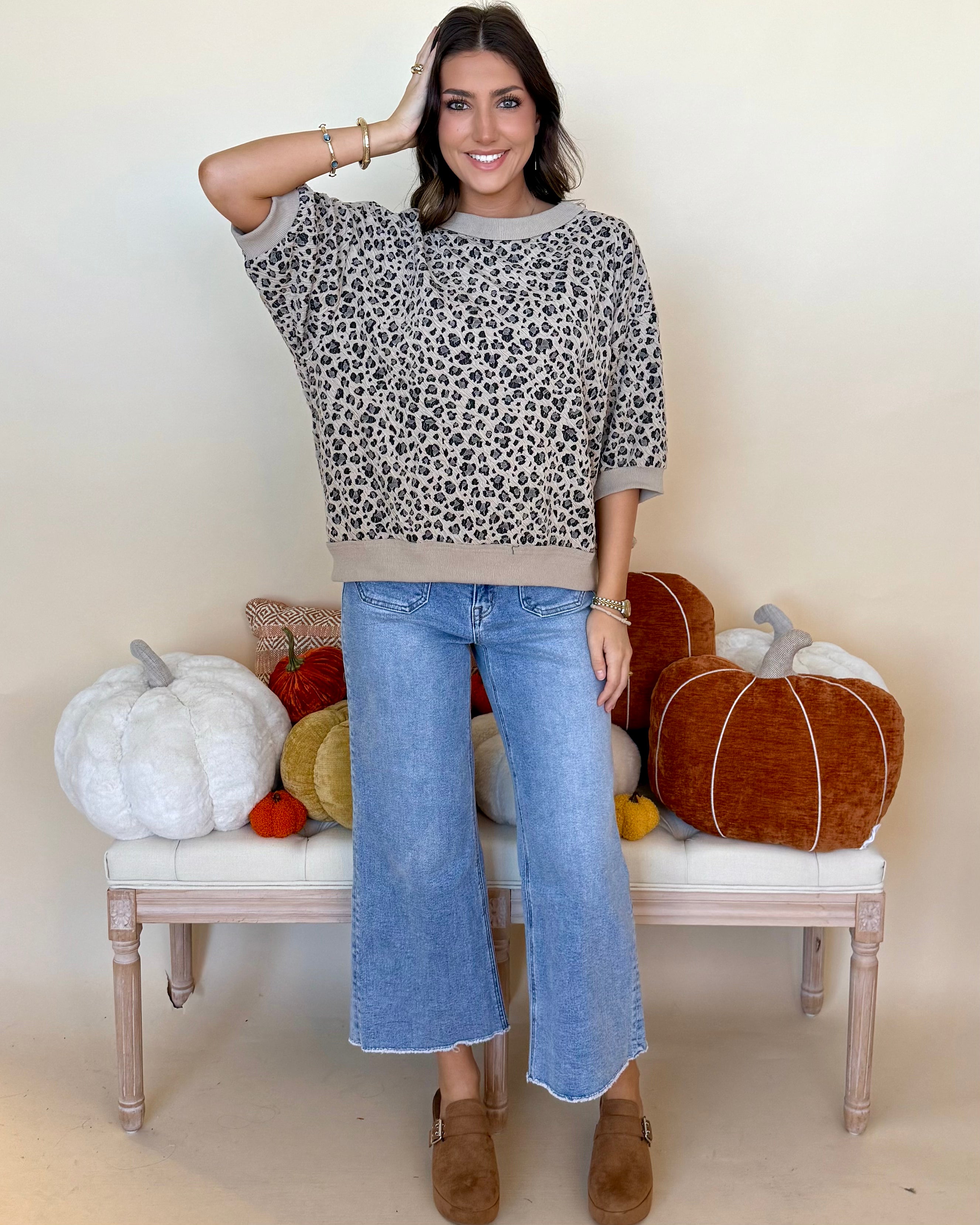 Let's Run Stone Animal Jacquard Top-Shop-Womens-Boutique-Clothing