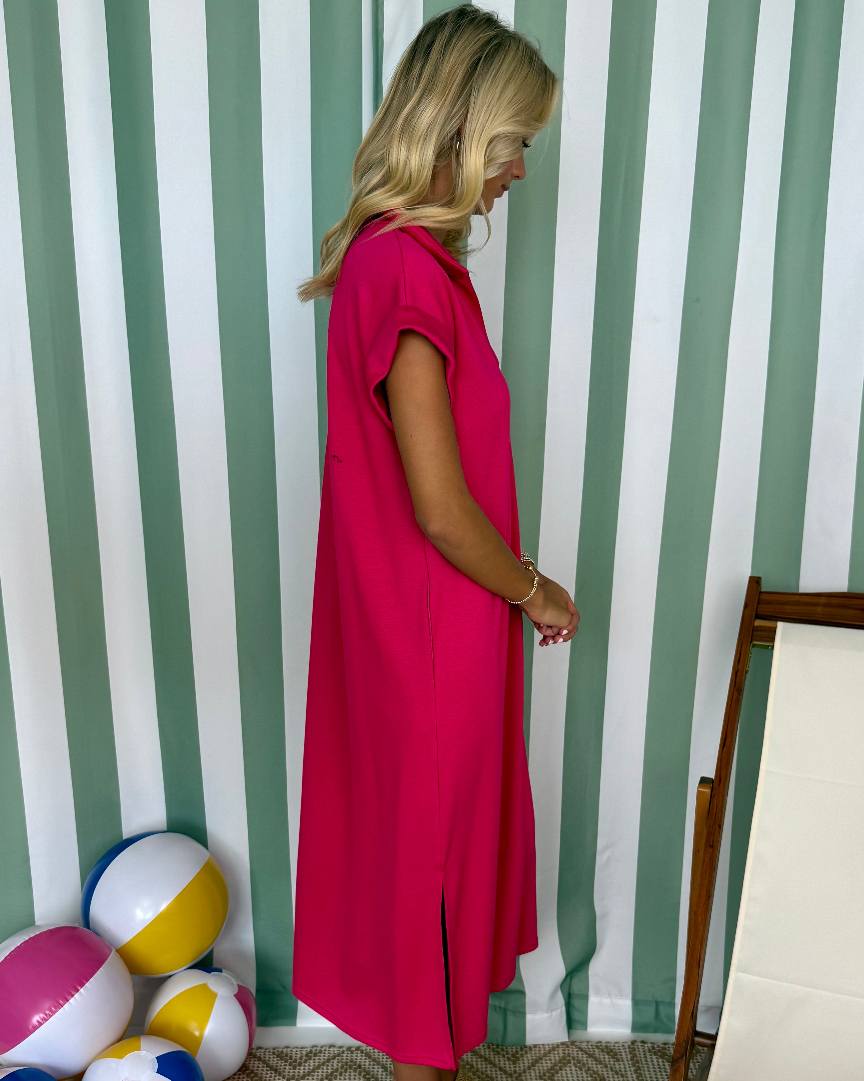 Pretty Please Fuchsia Collared Pocket Midi Dress-Shop-Womens-Boutique-Clothing