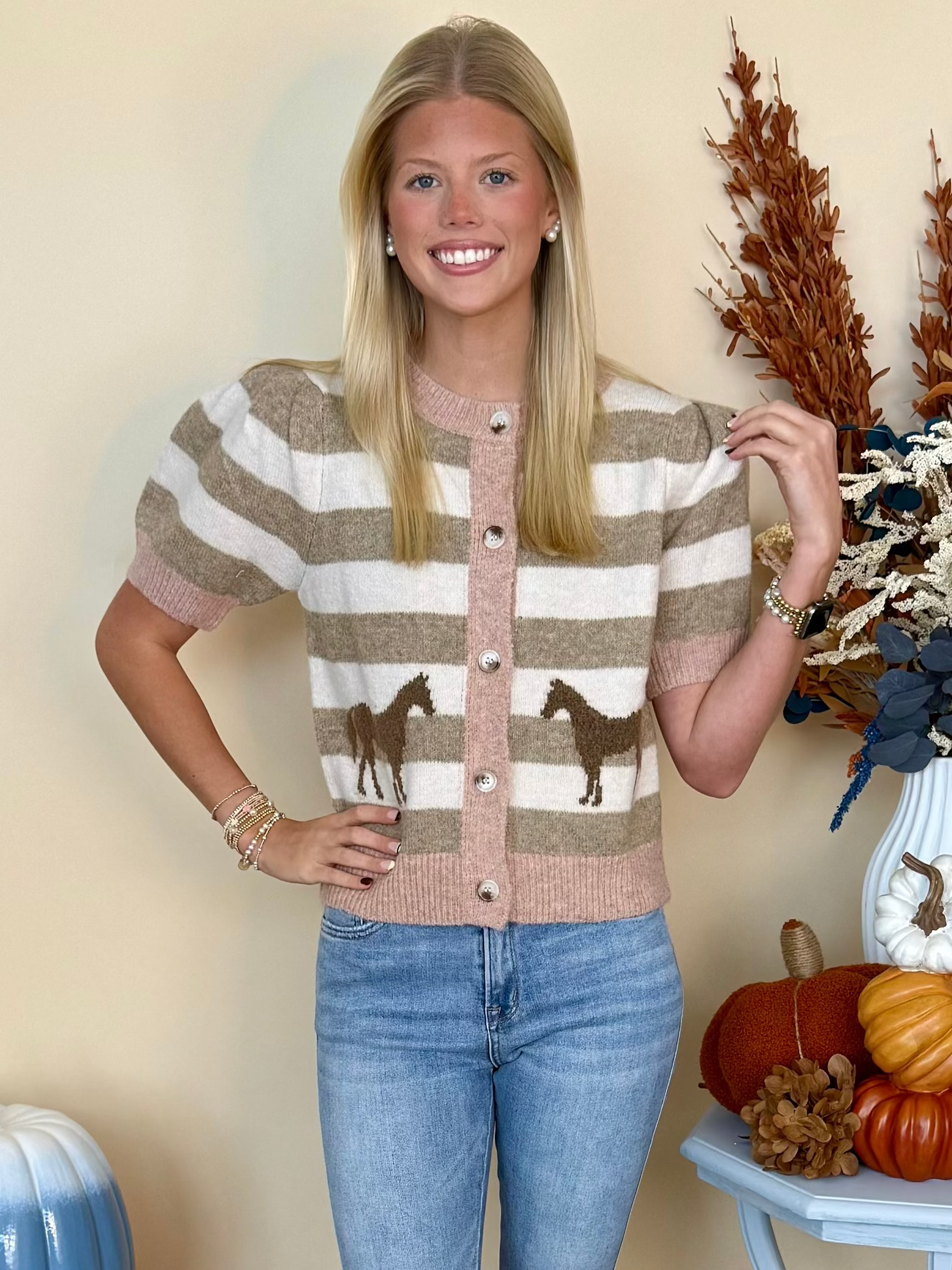 Simply Charming Blush Striped Puff Sleeve Horse Sweater-Shop-Womens-Boutique-Clothing