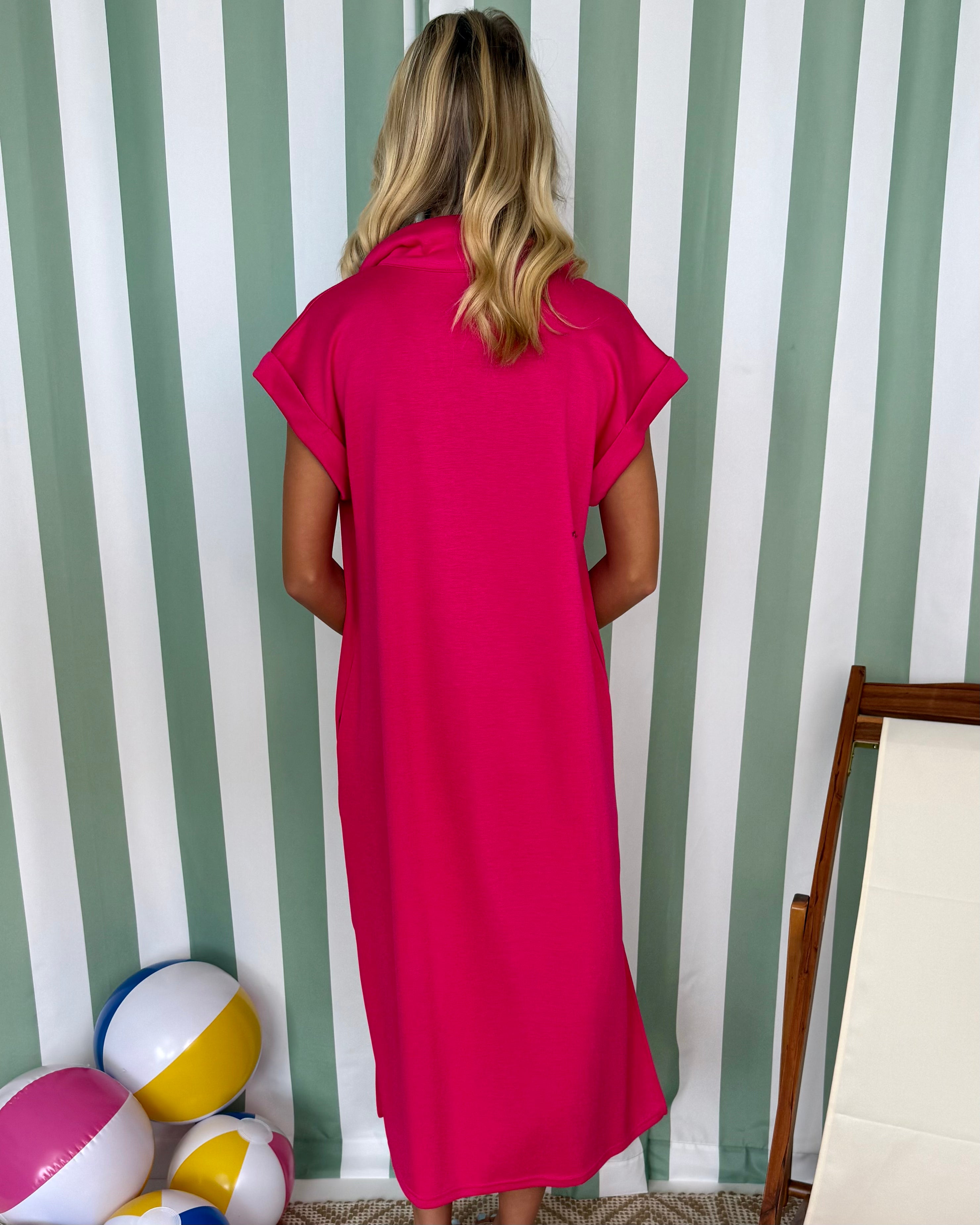Pretty Please Fuchsia Collared Pocket Midi Dress-Shop-Womens-Boutique-Clothing