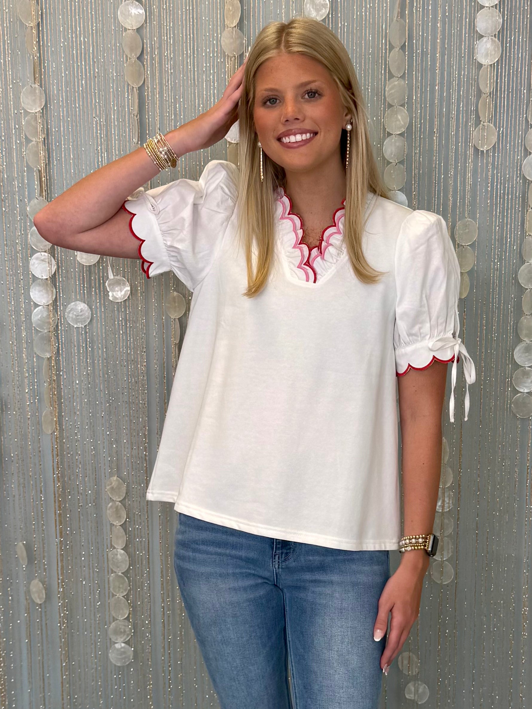 Plain and Simple Off White V Neck Scalloped Top-Shop-Womens-Boutique-Clothing