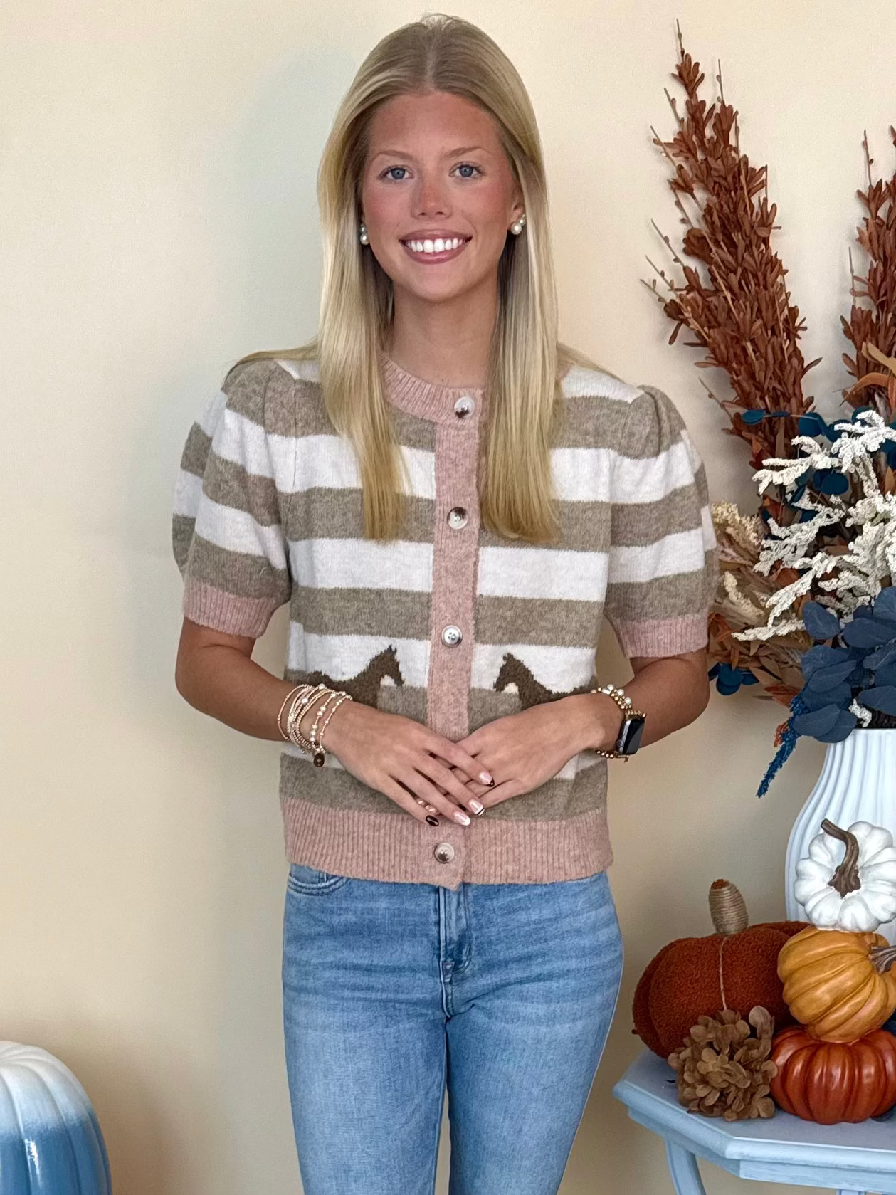 Simply Charming Blush Striped Puff Sleeve Horse Sweater-Shop-Womens-Boutique-Clothing