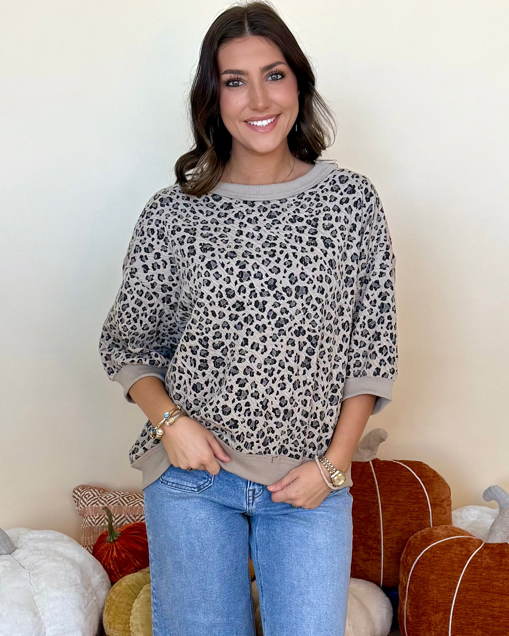 Let's Run Stone Animal Jacquard Top-Shop-Womens-Boutique-Clothing