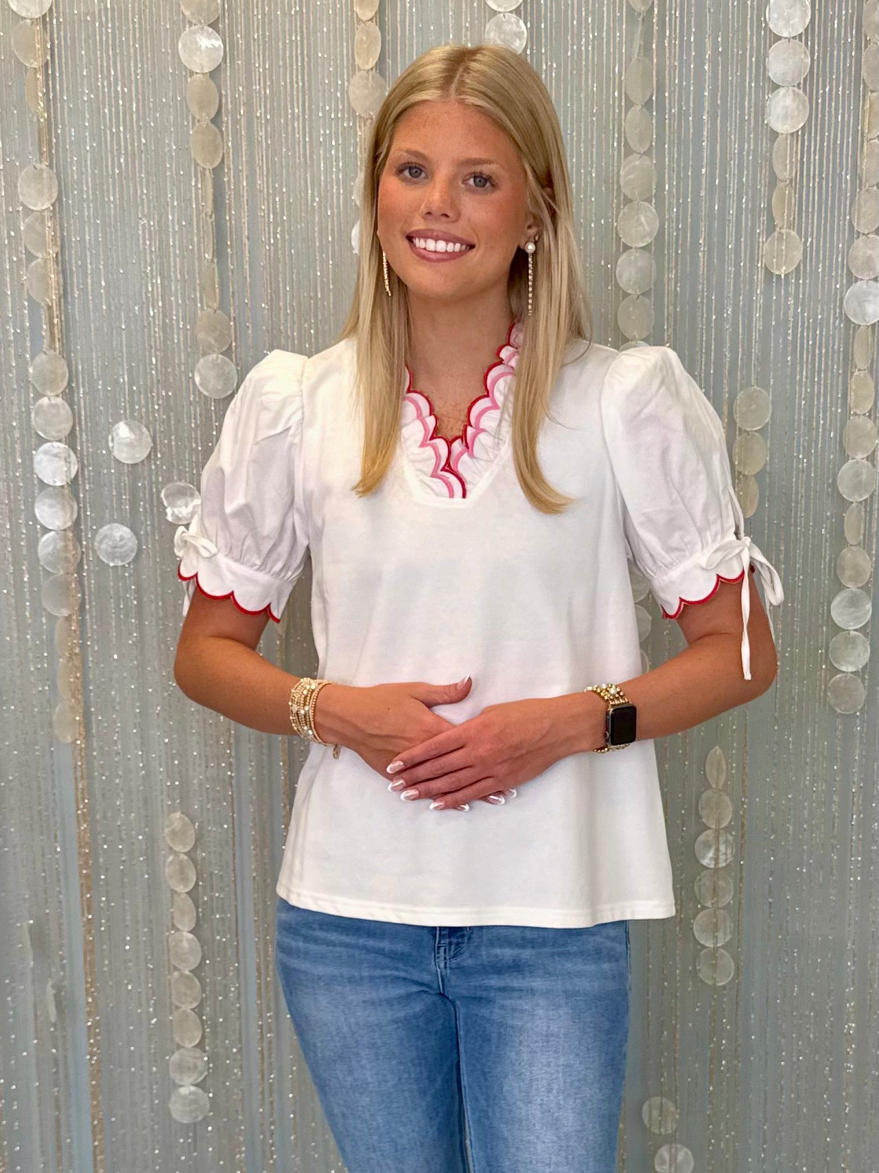 Plain and Simple Off White V Neck Scalloped Top-Shop-Womens-Boutique-Clothing