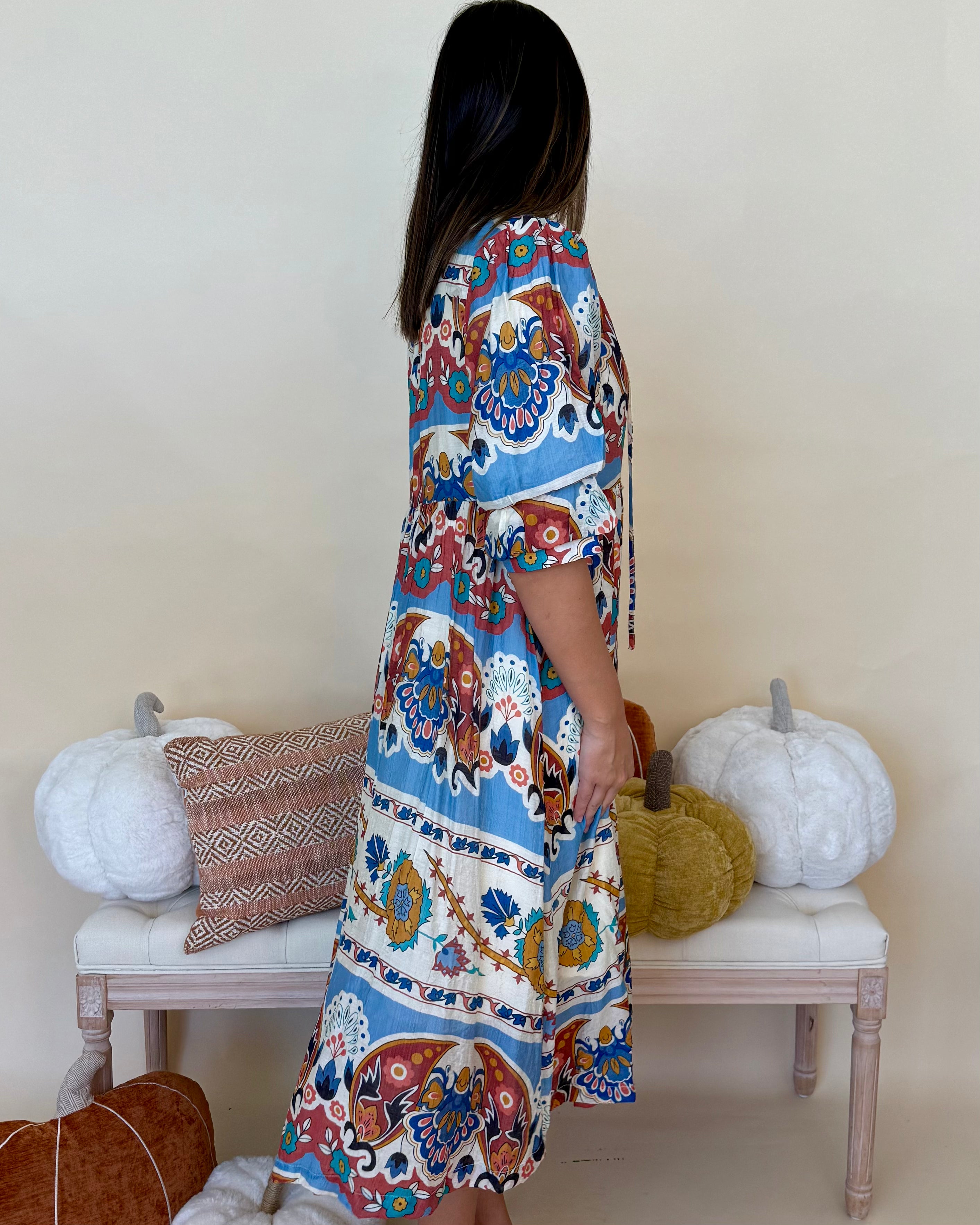 Unwavering Blue Mix Print Midi Dress-Shop-Womens-Boutique-Clothing