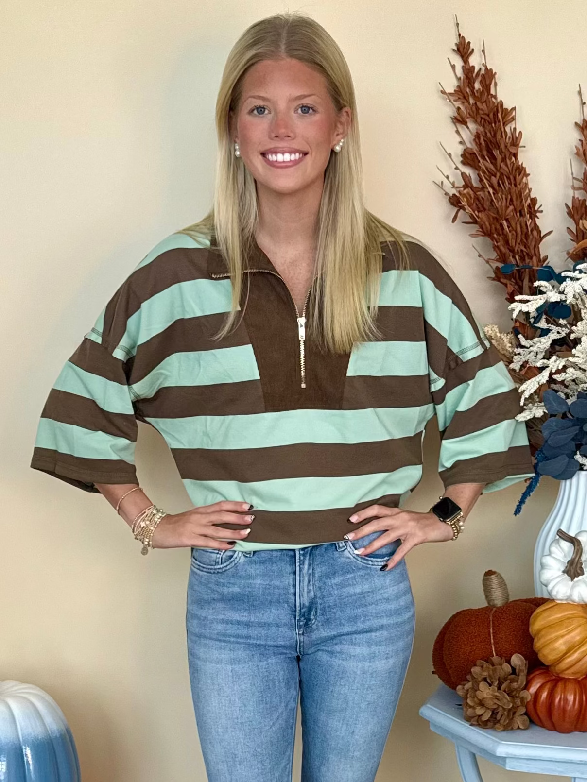 New Perspective Brown/Sage Stripe Drop Shoulder Corduroy Top-Shop-Womens-Boutique-Clothing