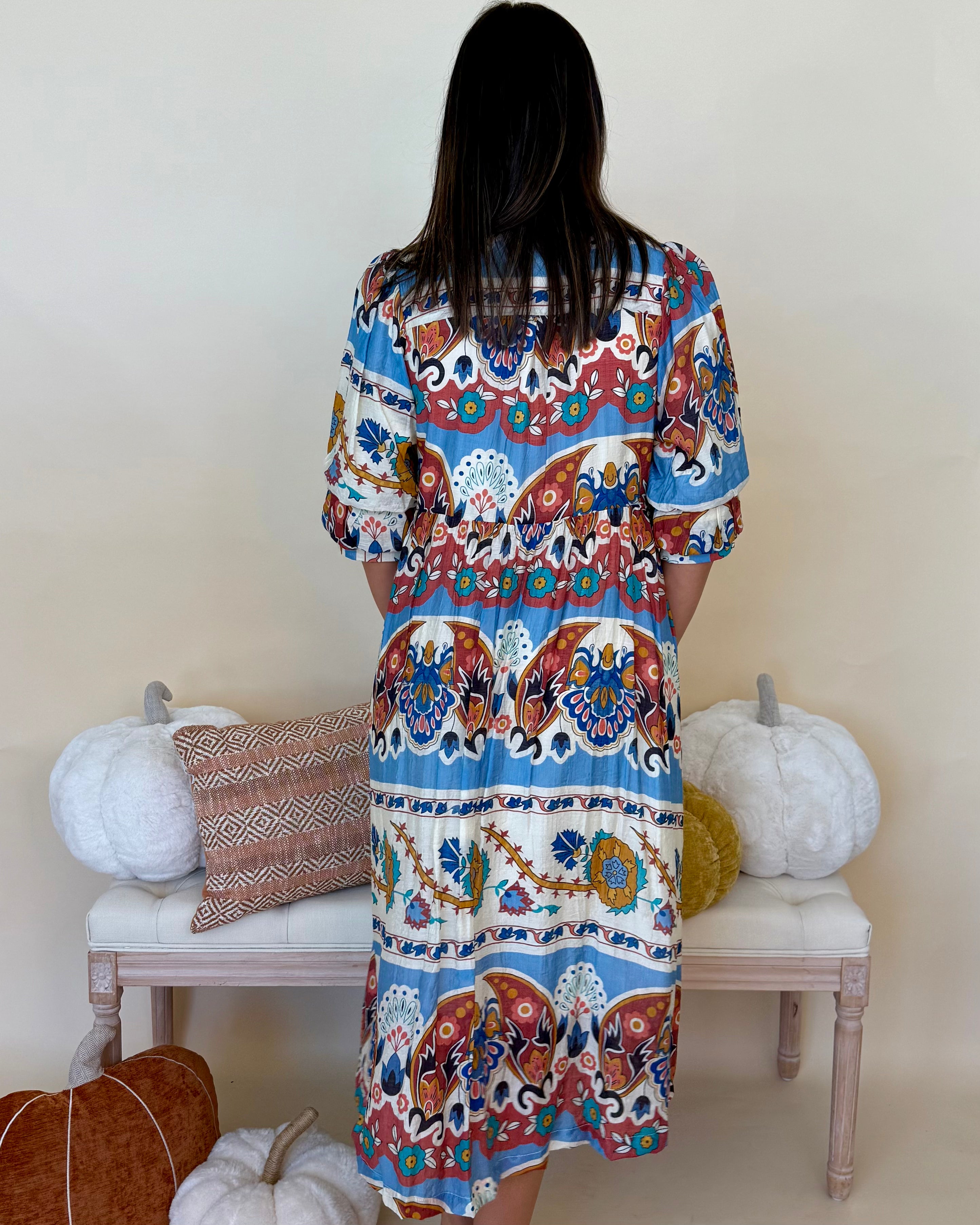 Unwavering Blue Mix Print Midi Dress-Shop-Womens-Boutique-Clothing