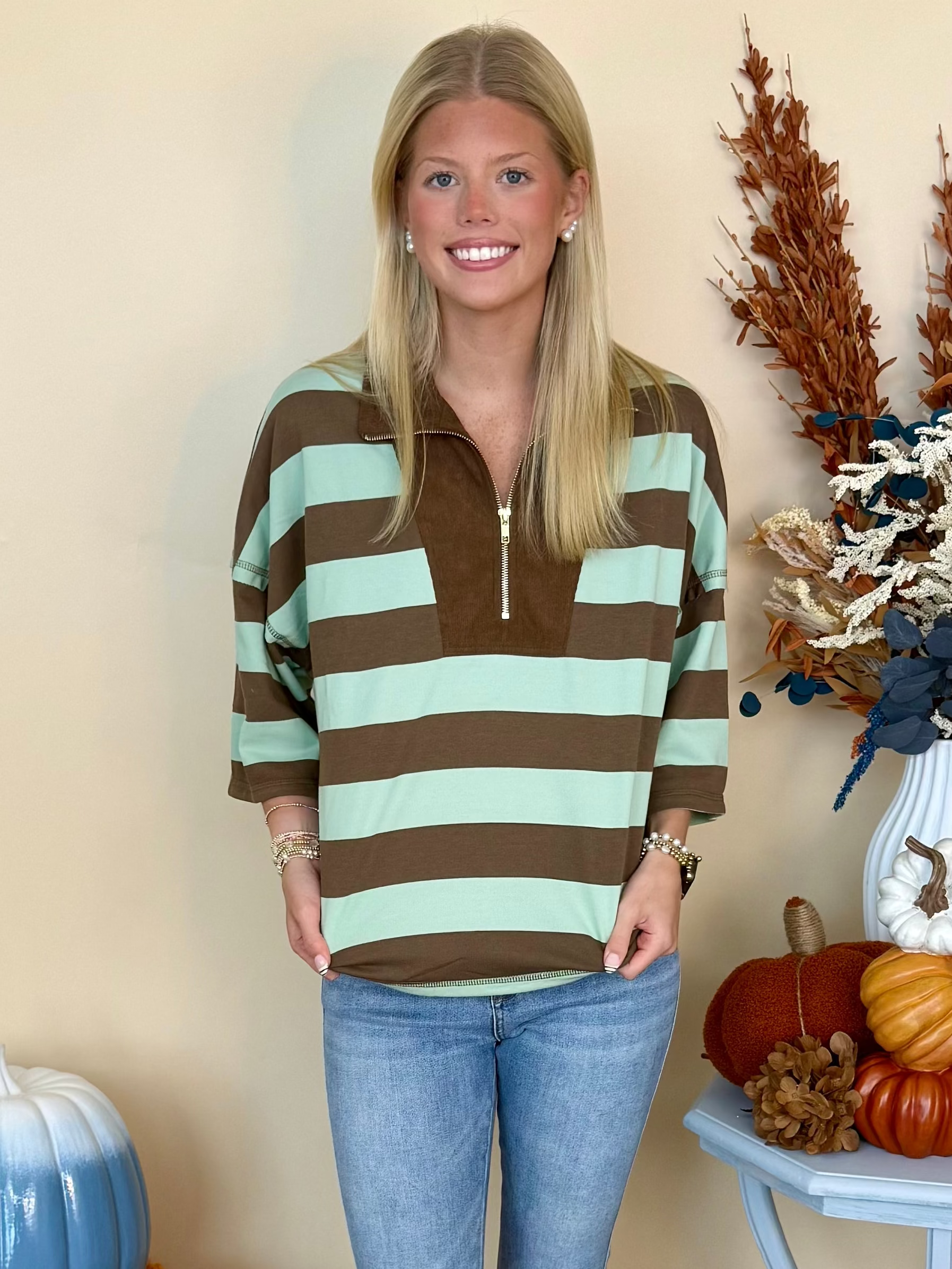New Perspective Brown/Sage Stripe Drop Shoulder Corduroy Top-Shop-Womens-Boutique-Clothing
