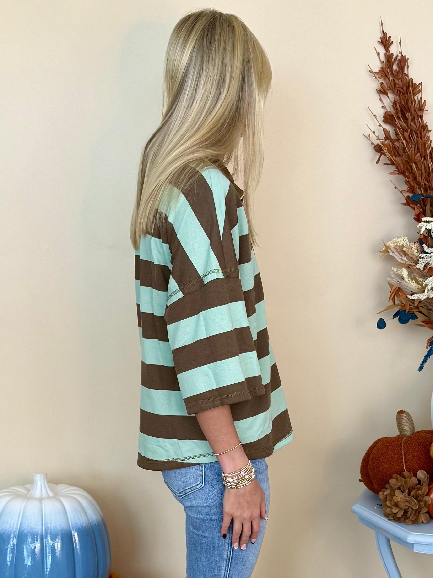 New Perspective Brown/Sage Stripe Drop Shoulder Corduroy Top-Shop-Womens-Boutique-Clothing