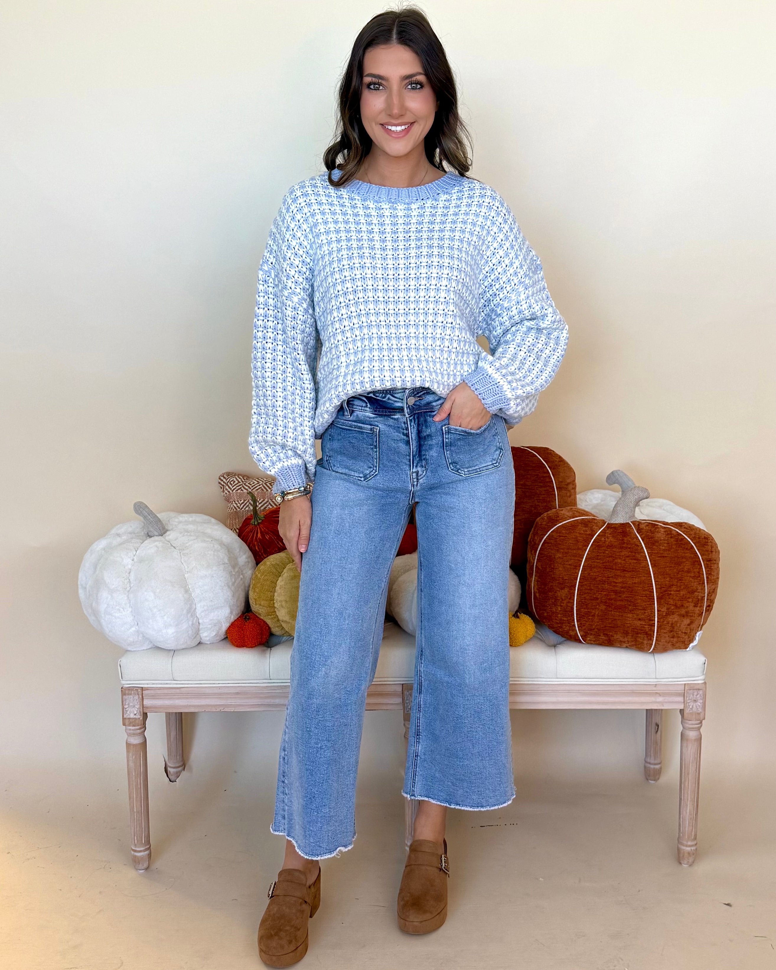 Share With Me Lt Blue/Ivory Textured Sweater-Shop-Womens-Boutique-Clothing