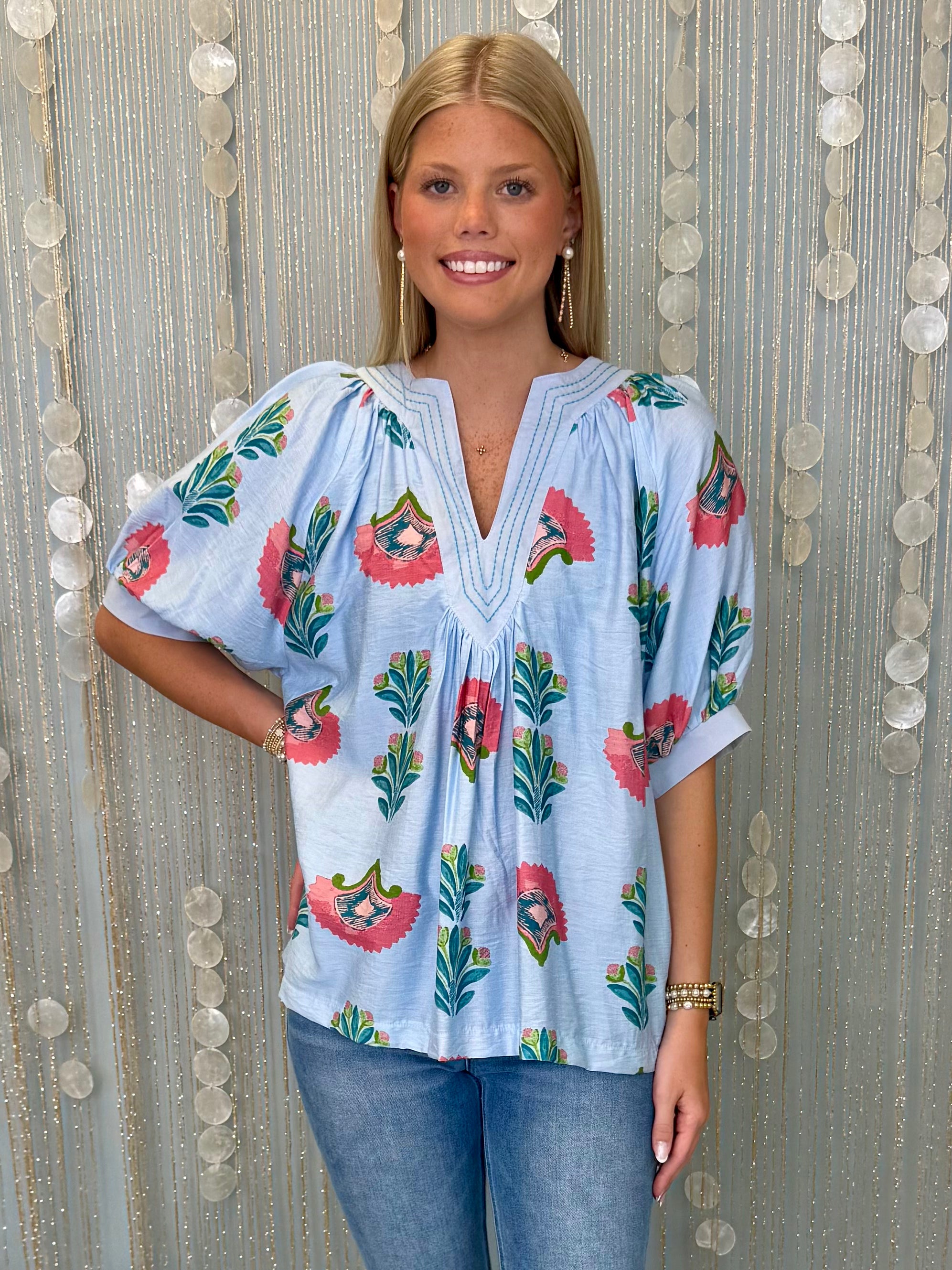 Wandering Hearts Lt. Blue Abstract Stitch Top-Shop-Womens-Boutique-Clothing