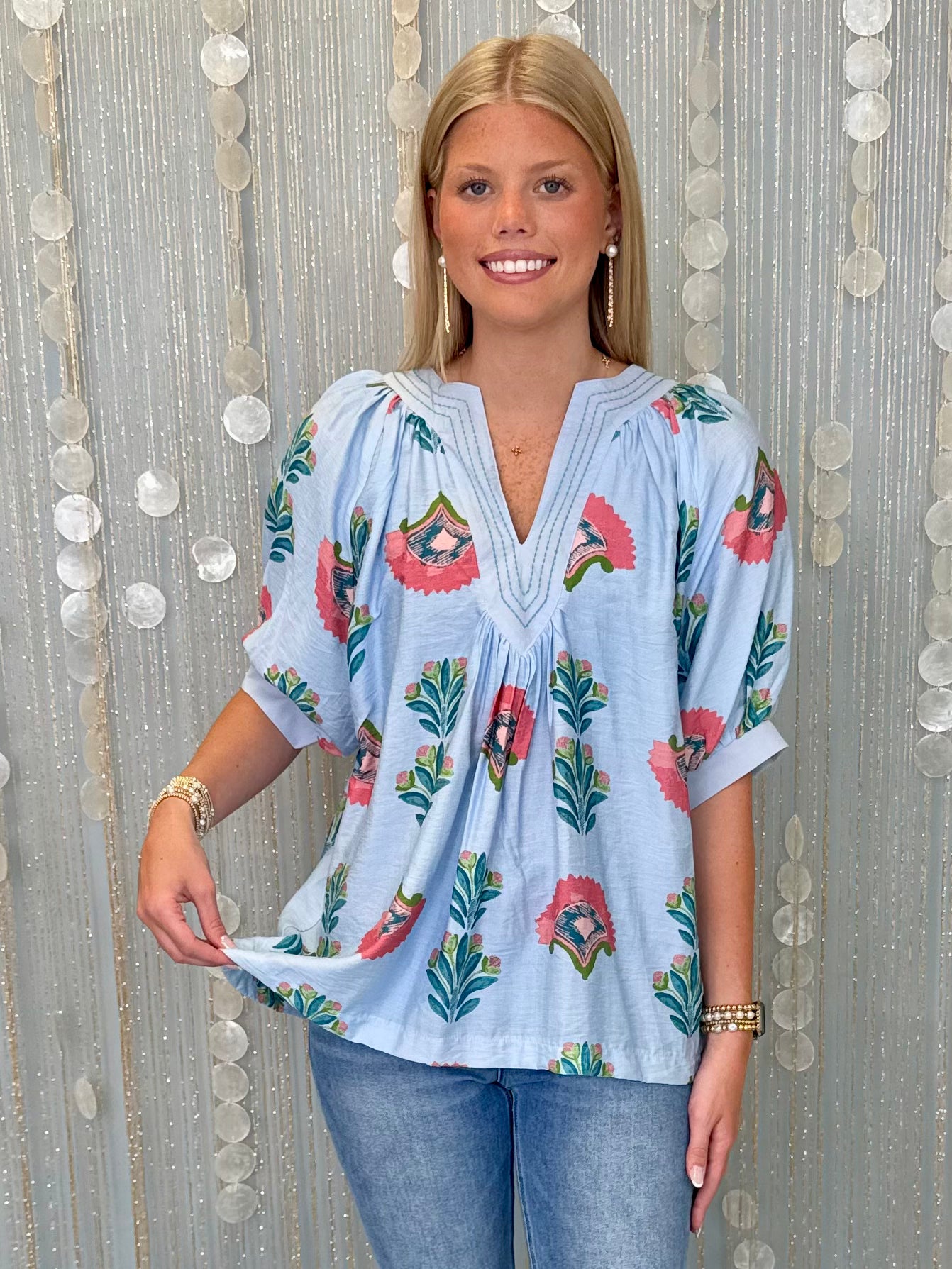 Wandering Hearts Lt. Blue Abstract Stitch Top-Shop-Womens-Boutique-Clothing