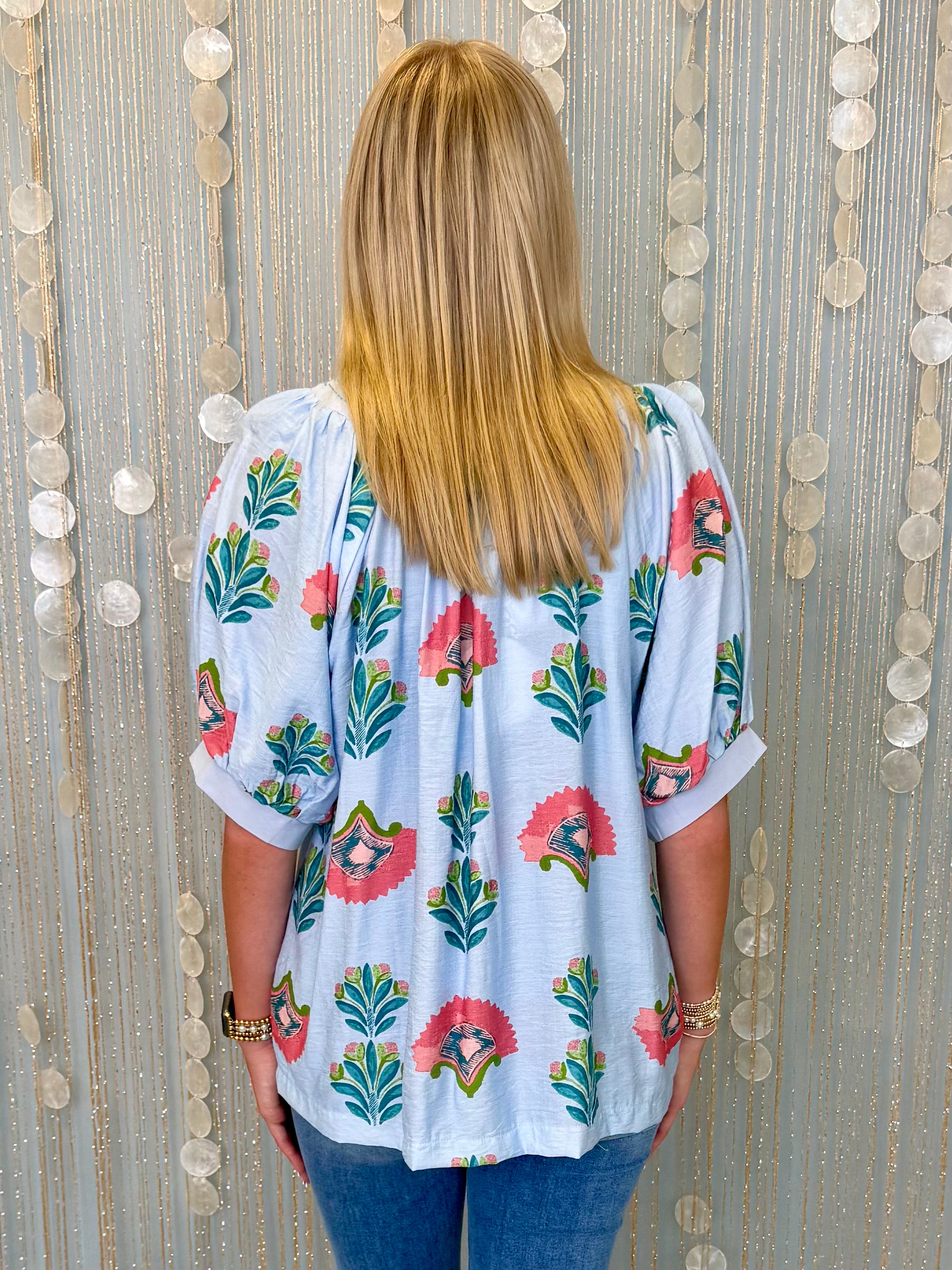 Wandering Hearts Lt. Blue Abstract Stitch Top-Shop-Womens-Boutique-Clothing