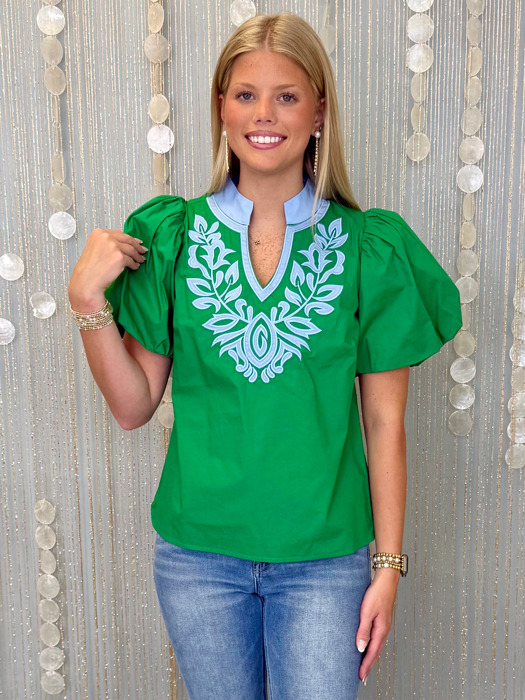 Soft Tides Kelly Green Baroque Applique Woven Top-Shop-Womens-Boutique-Clothing