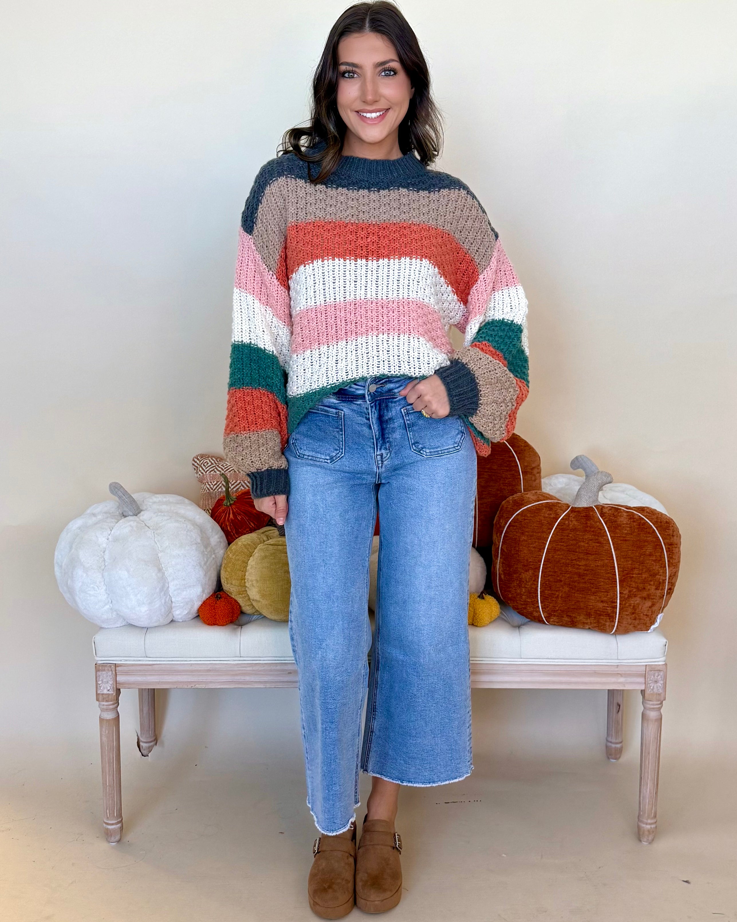 Kind Soul Charcoal/Teal Combo Stripe Sweater-Shop-Womens-Boutique-Clothing