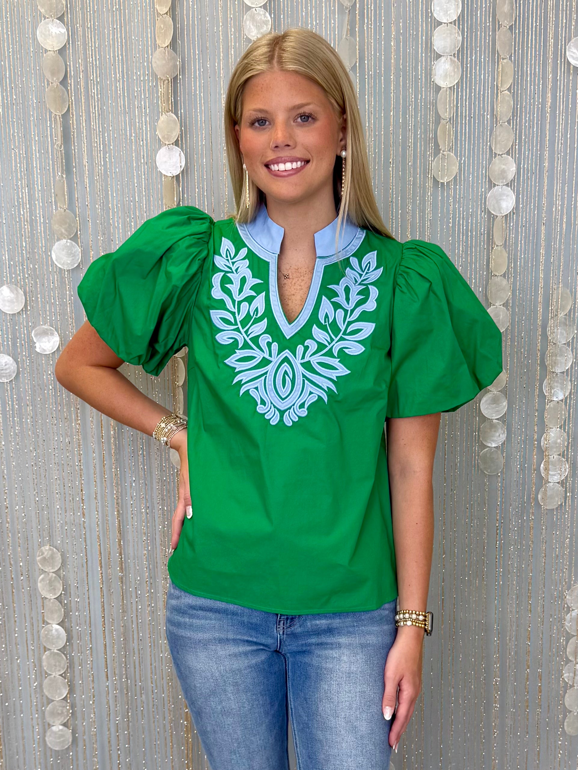 Soft Tides Kelly Green Baroque Applique Woven Top-Shop-Womens-Boutique-Clothing