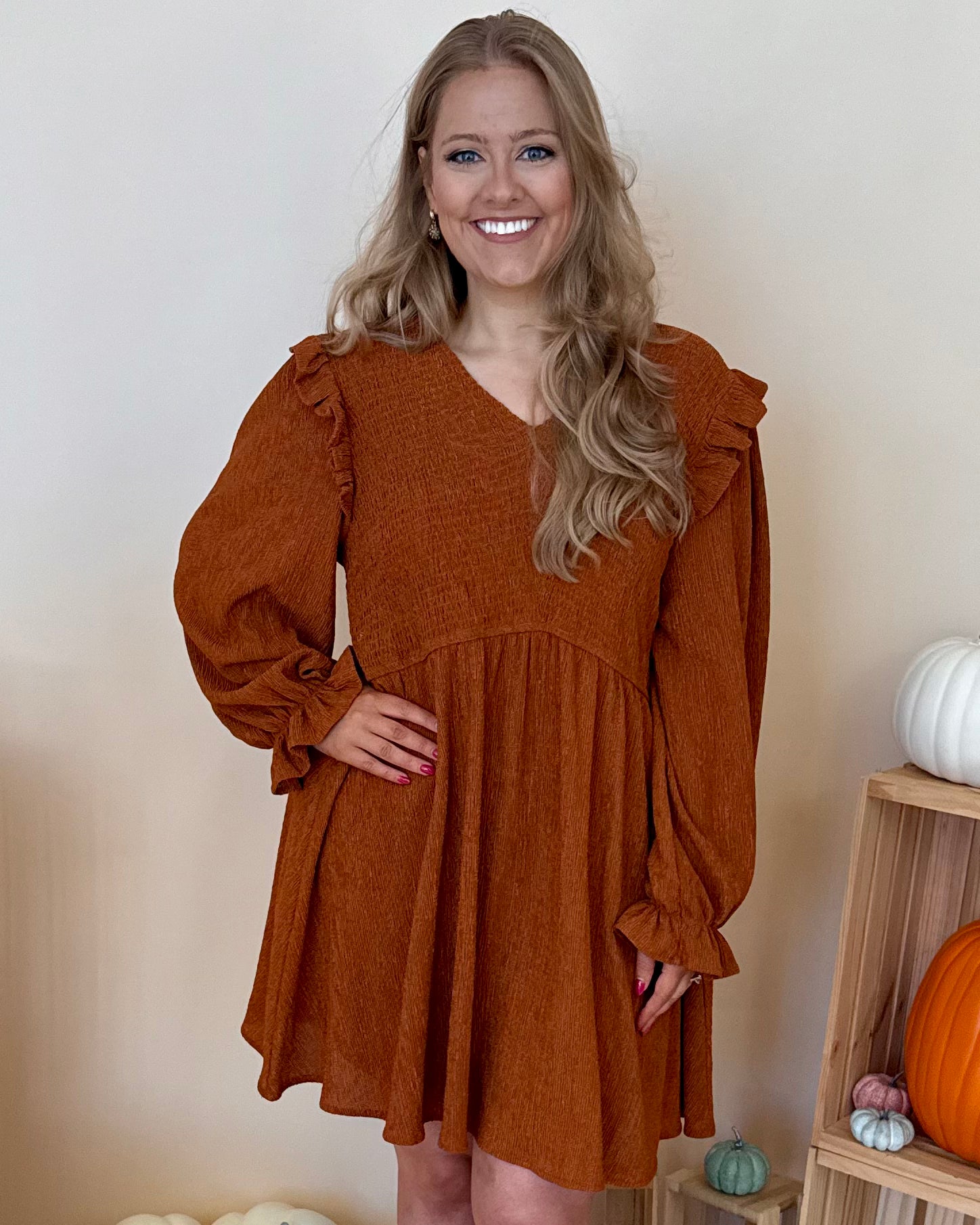 Mountainside Caramel Plus Smocked Dress-Shop-Womens-Boutique-Clothing