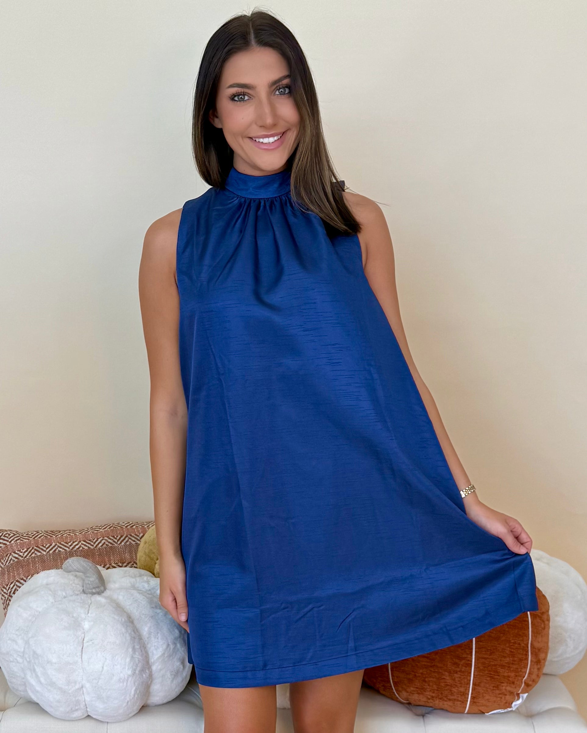 Day Party Navy Halter Satin Dress-Shop-Womens-Boutique-Clothing