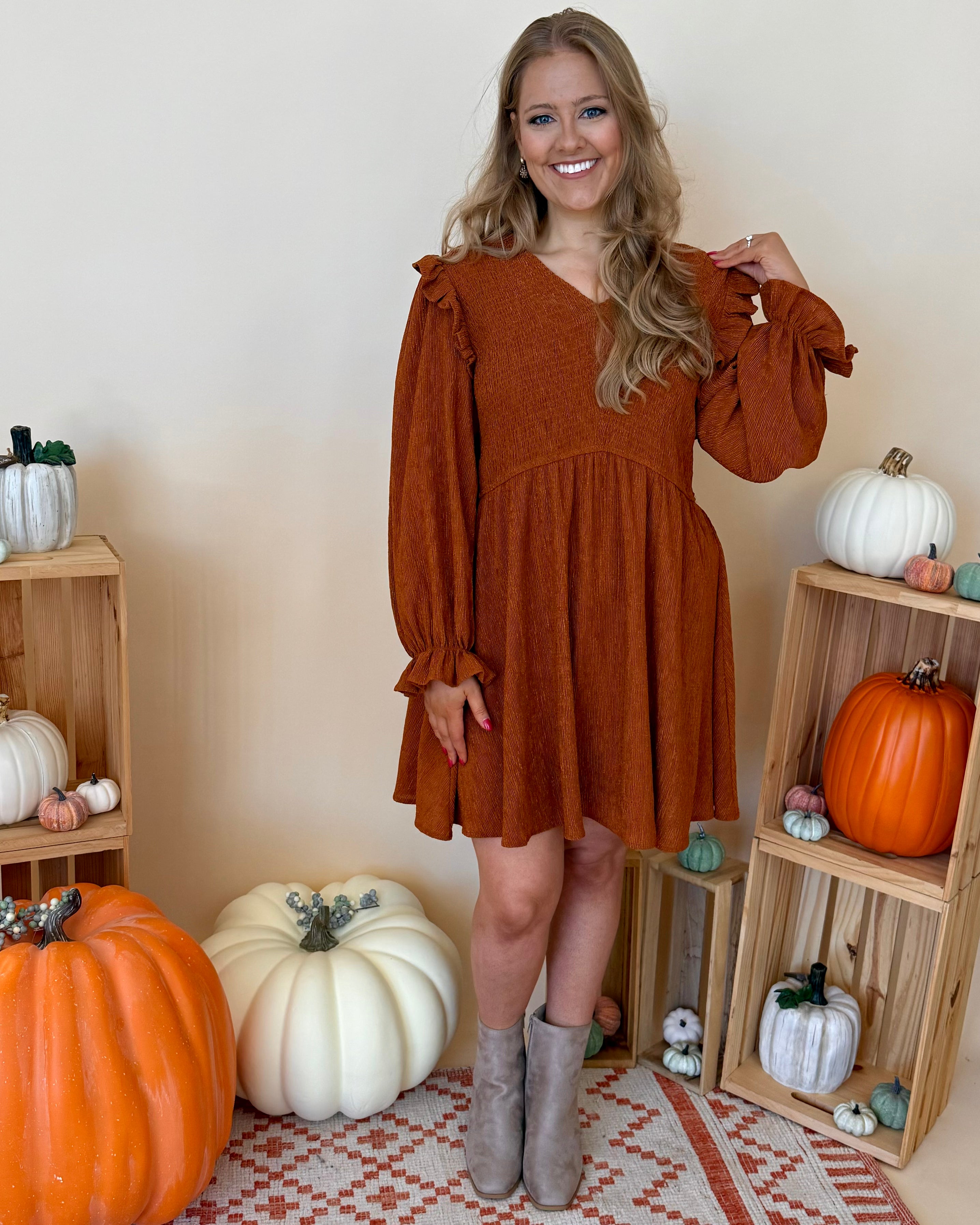 Mountainside Caramel Plus Smocked Dress-Shop-Womens-Boutique-Clothing